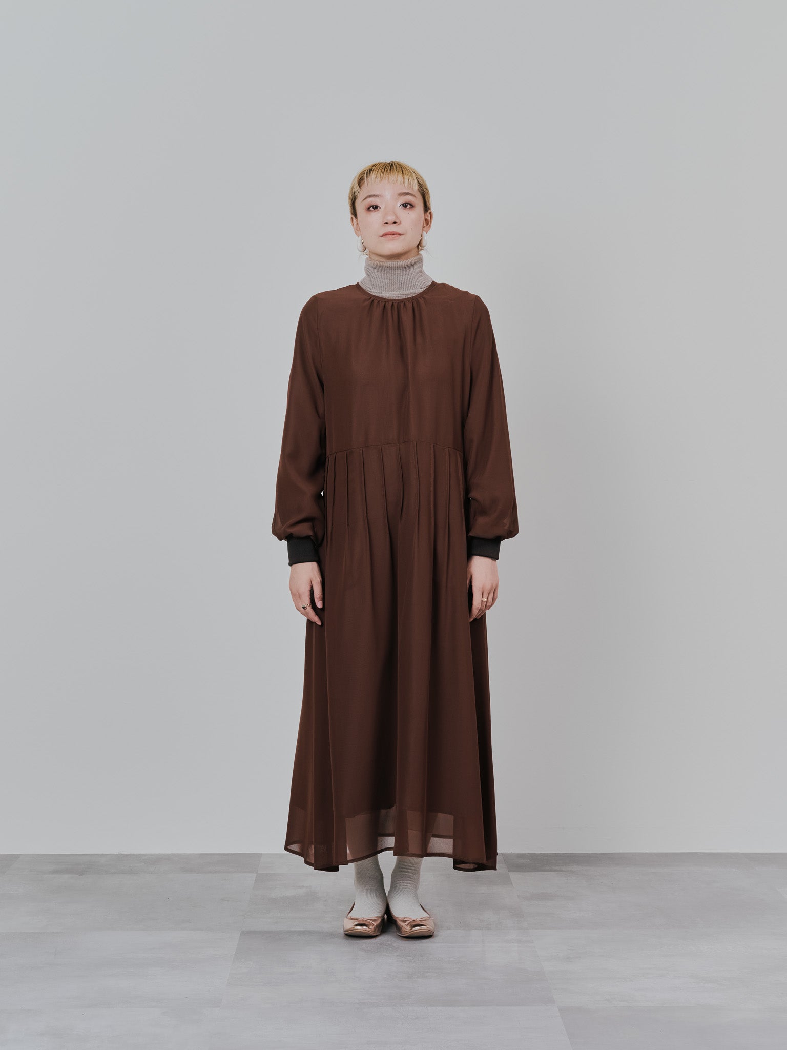 ピンタック配色ワンピース [605540] brown