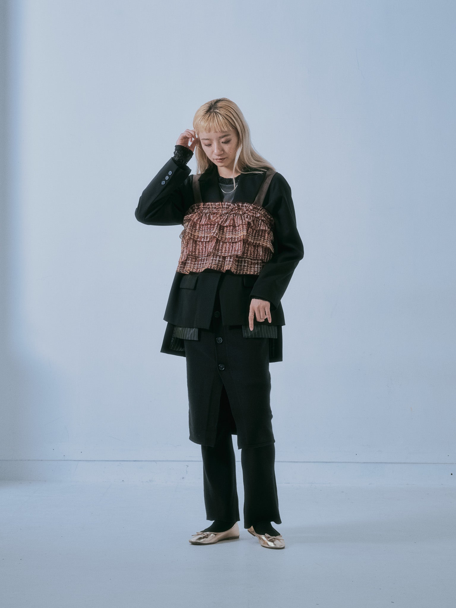 スカートレイヤードニットパンツ [601415] black