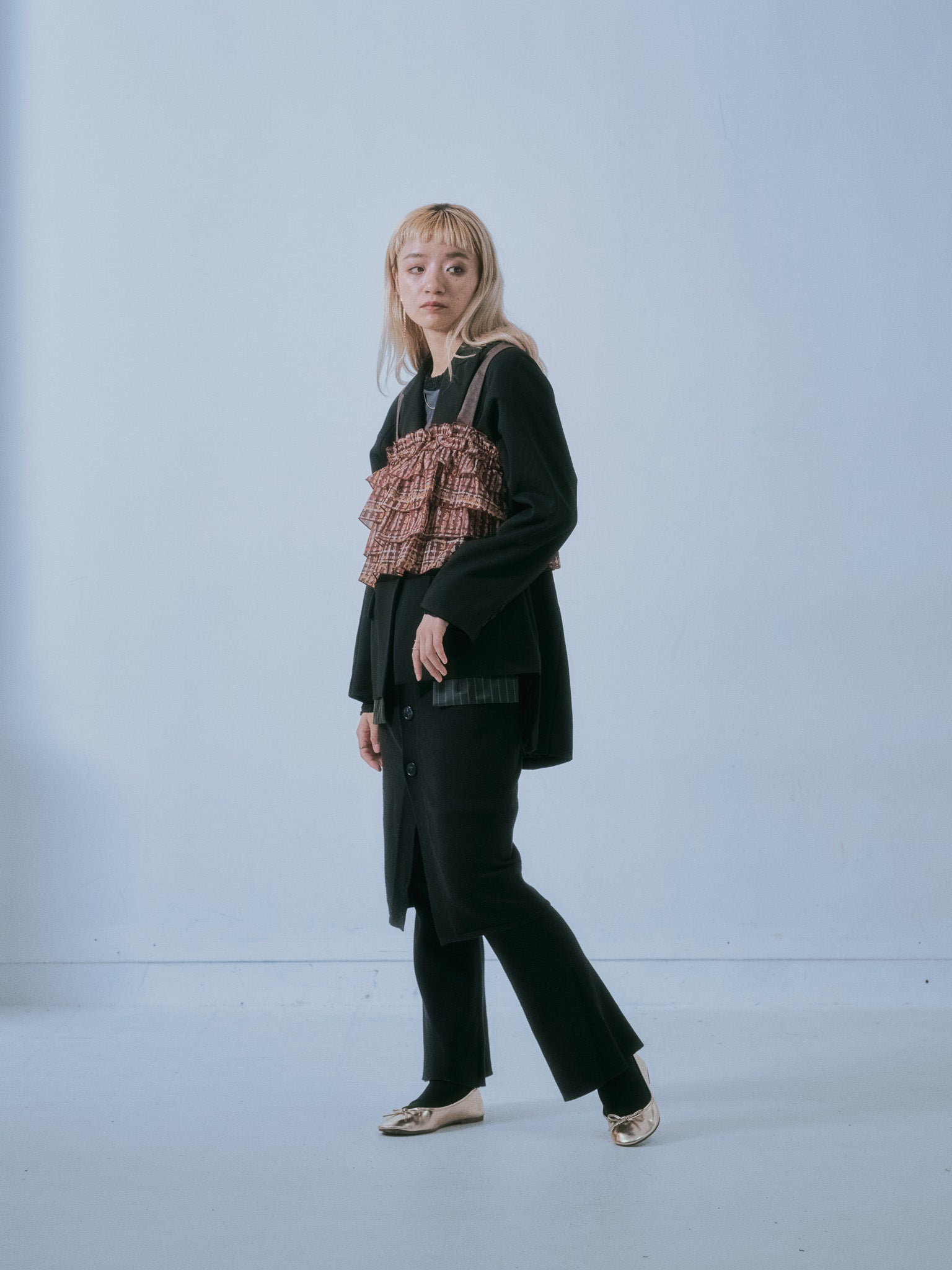 【TIME SALE 11/4まで!!】チェックプリントフリルティアードビスチェ [603335] brown