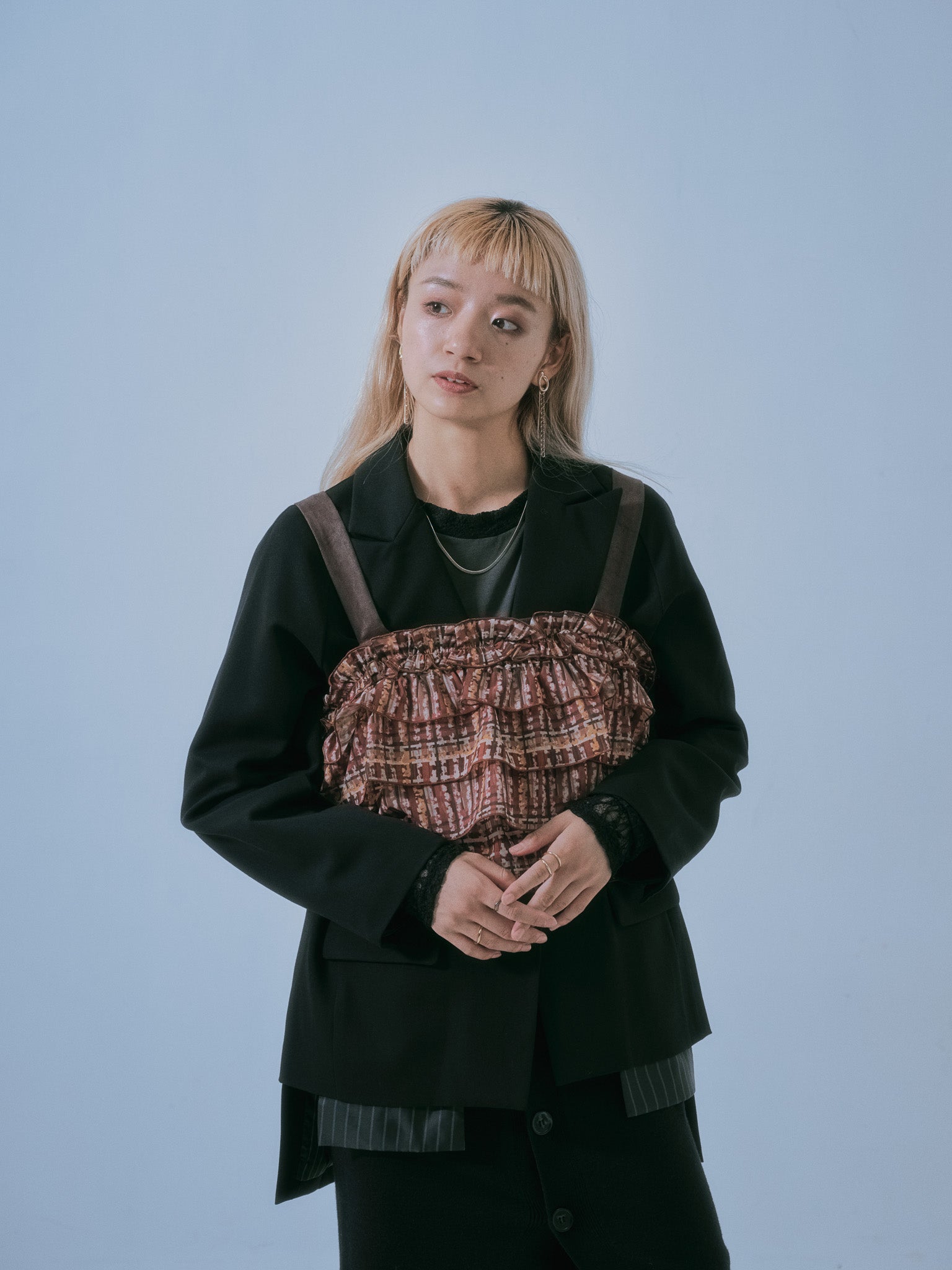 【TIME SALE 11/4まで!!】チェックプリントフリルティアードビスチェ [603335] brown