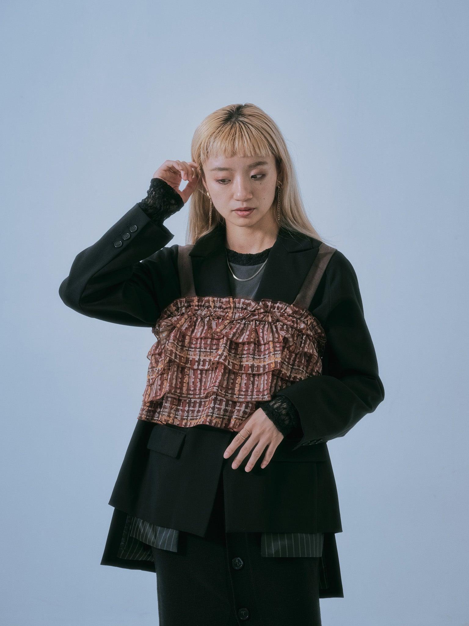 【SALE】チェックプリントフリルティアードビスチェ [603335] brown