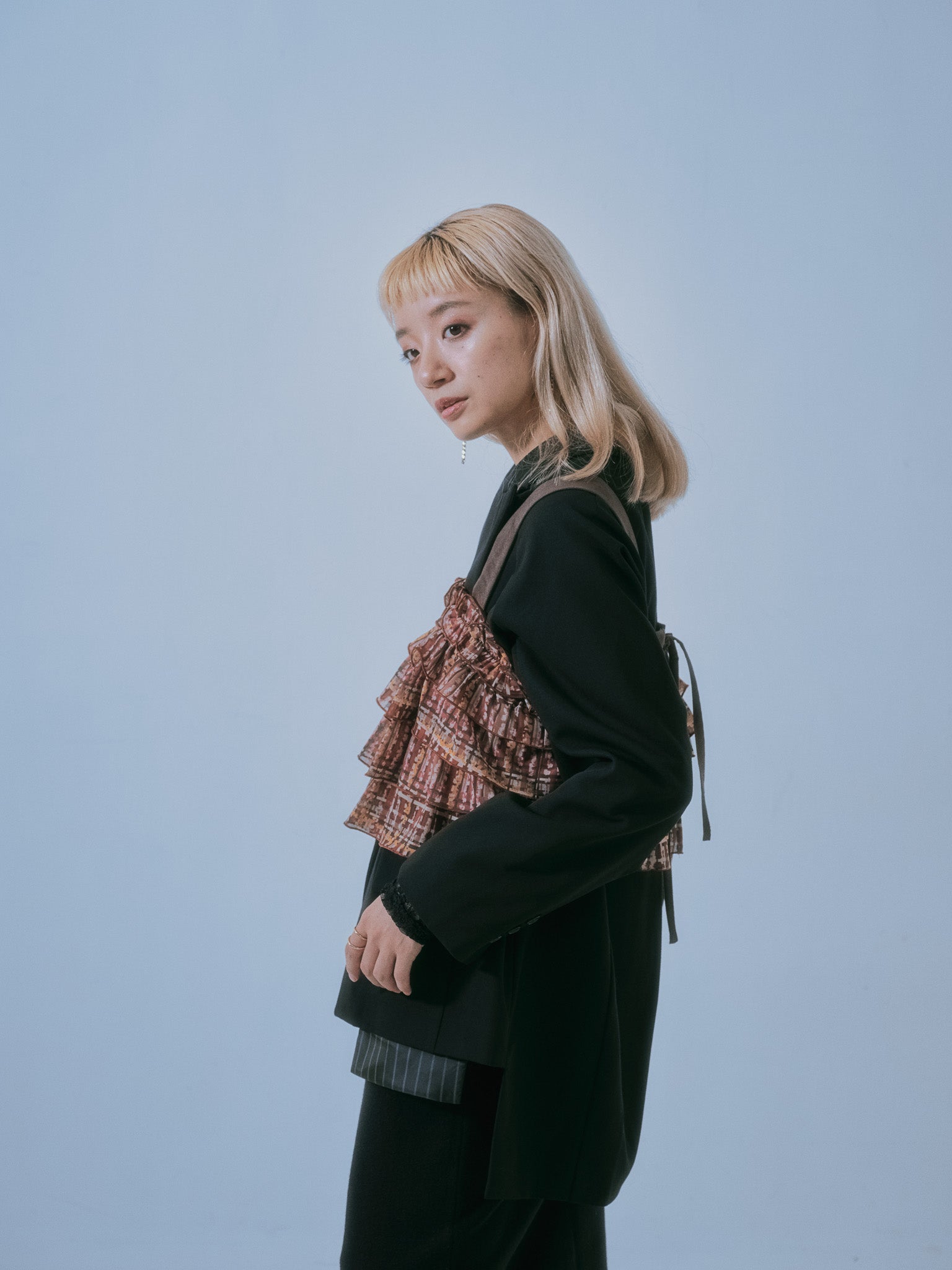 【SALE】チェックプリントフリルティアードビスチェ [603335] brown