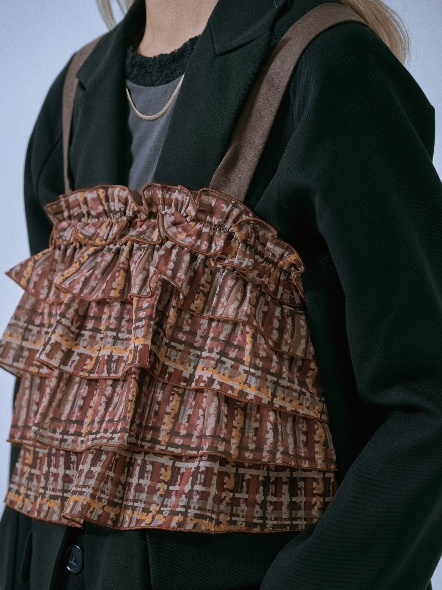 【TIME SALE 11/4まで!!】チェックプリントフリルティアードビスチェ [603335] brown