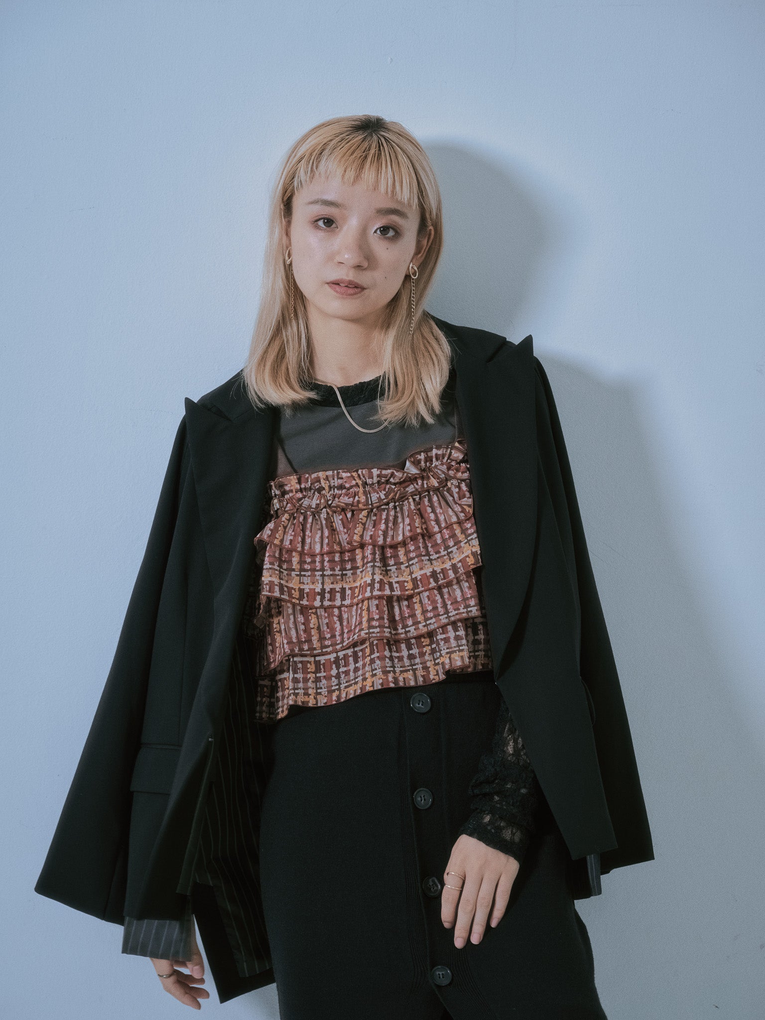 【TIME SALE 11/4まで!!】チェックプリントフリルティアードビスチェ [603335] brown