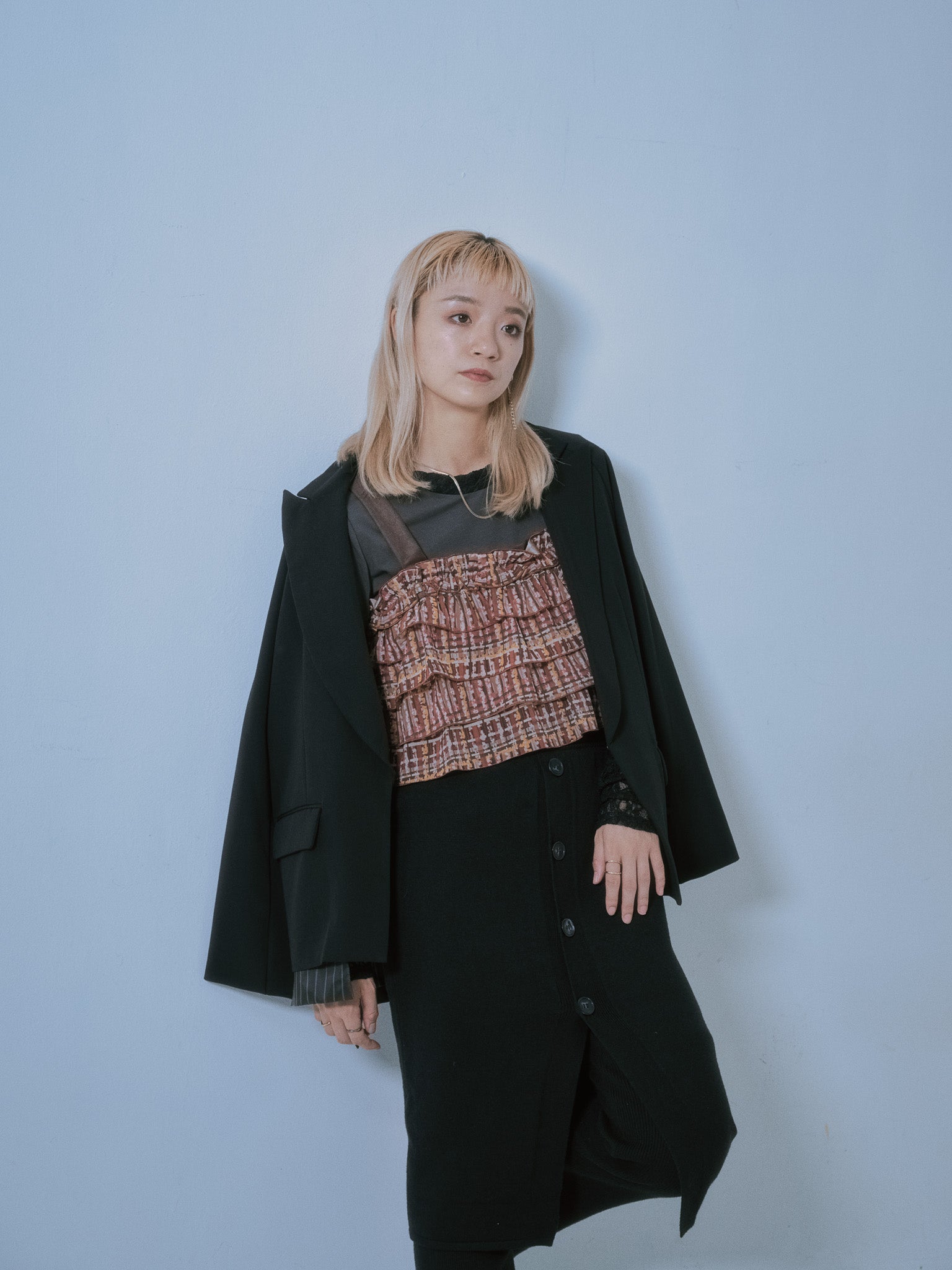 配色ストライプポイントアシメヘムジャケット [605544] black