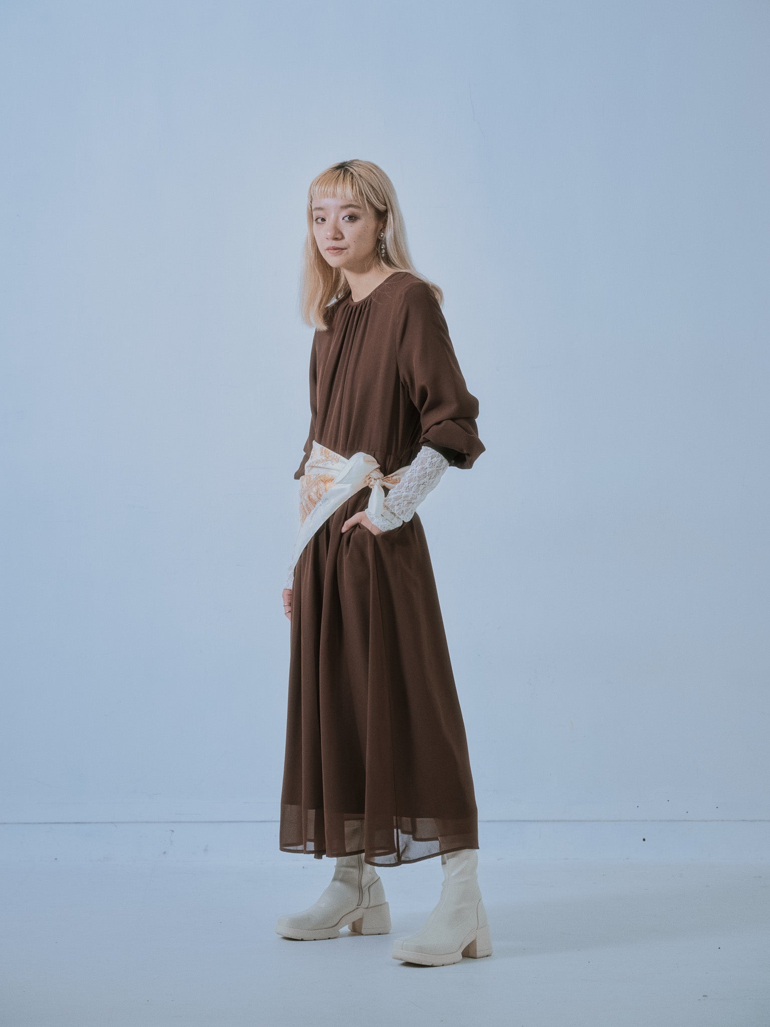 ピンタック配色ワンピース [605540] brown