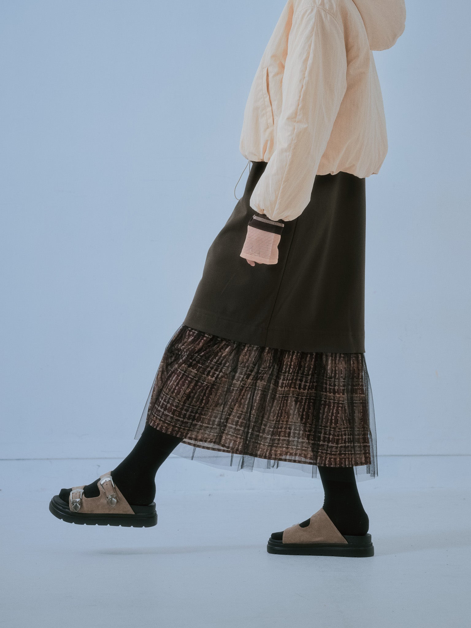 【SALE】ヘムチェックサスペンダー付スカート [603341] brown