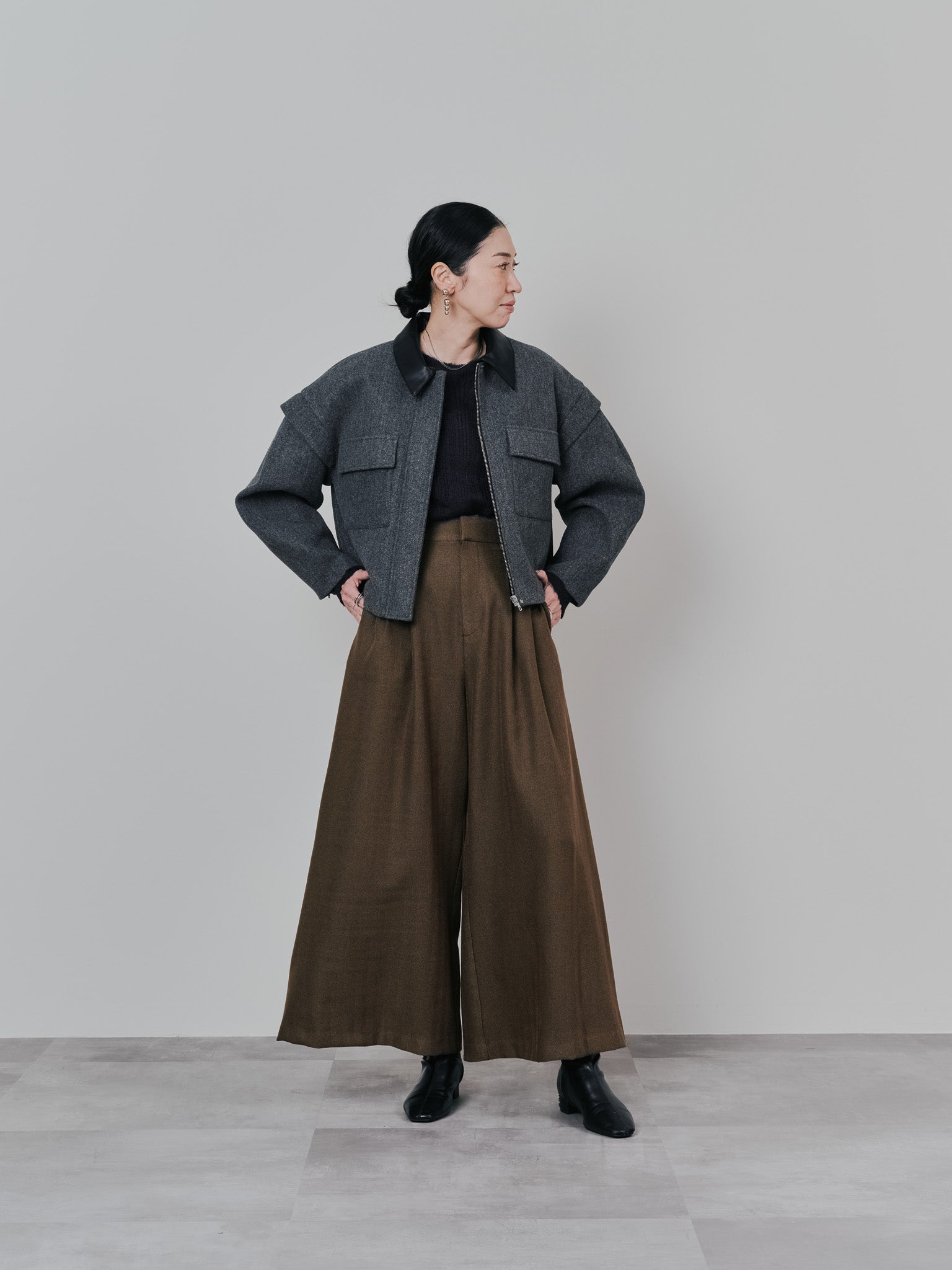 柄タックビックワイドパンツ [608320] brown