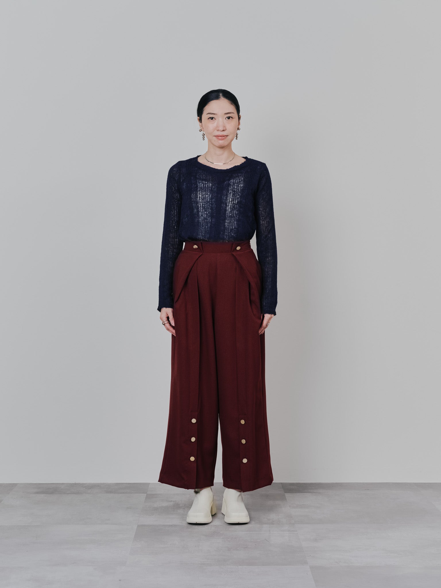 ウエストボタンタックワイドパンツ [608319] wine