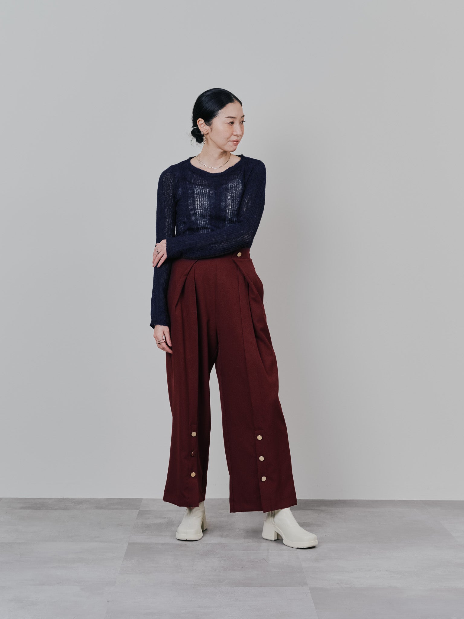 ウエストボタンタックワイドパンツ [608319] wine