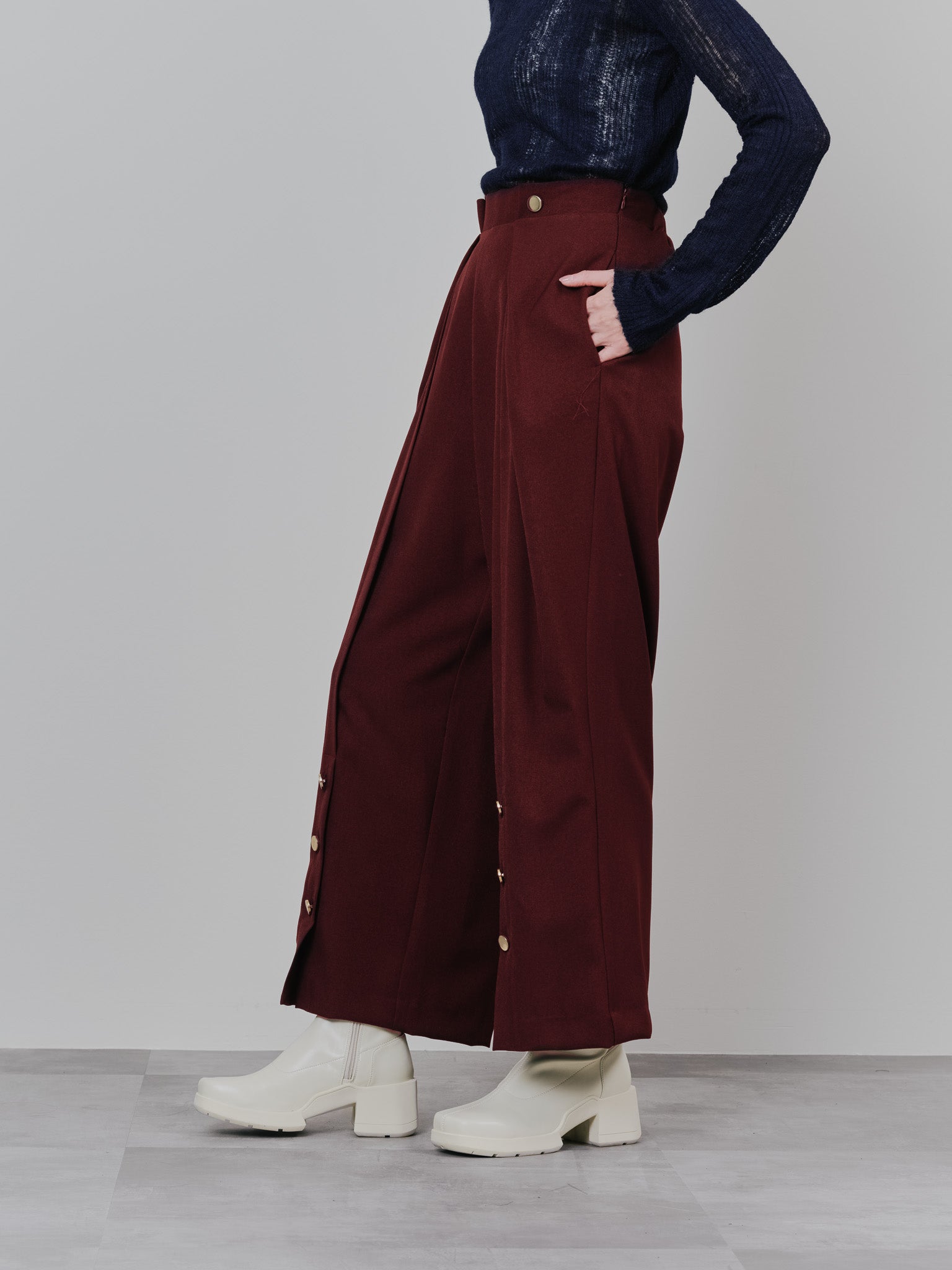 ウエストボタンタックワイドパンツ [608319] wine