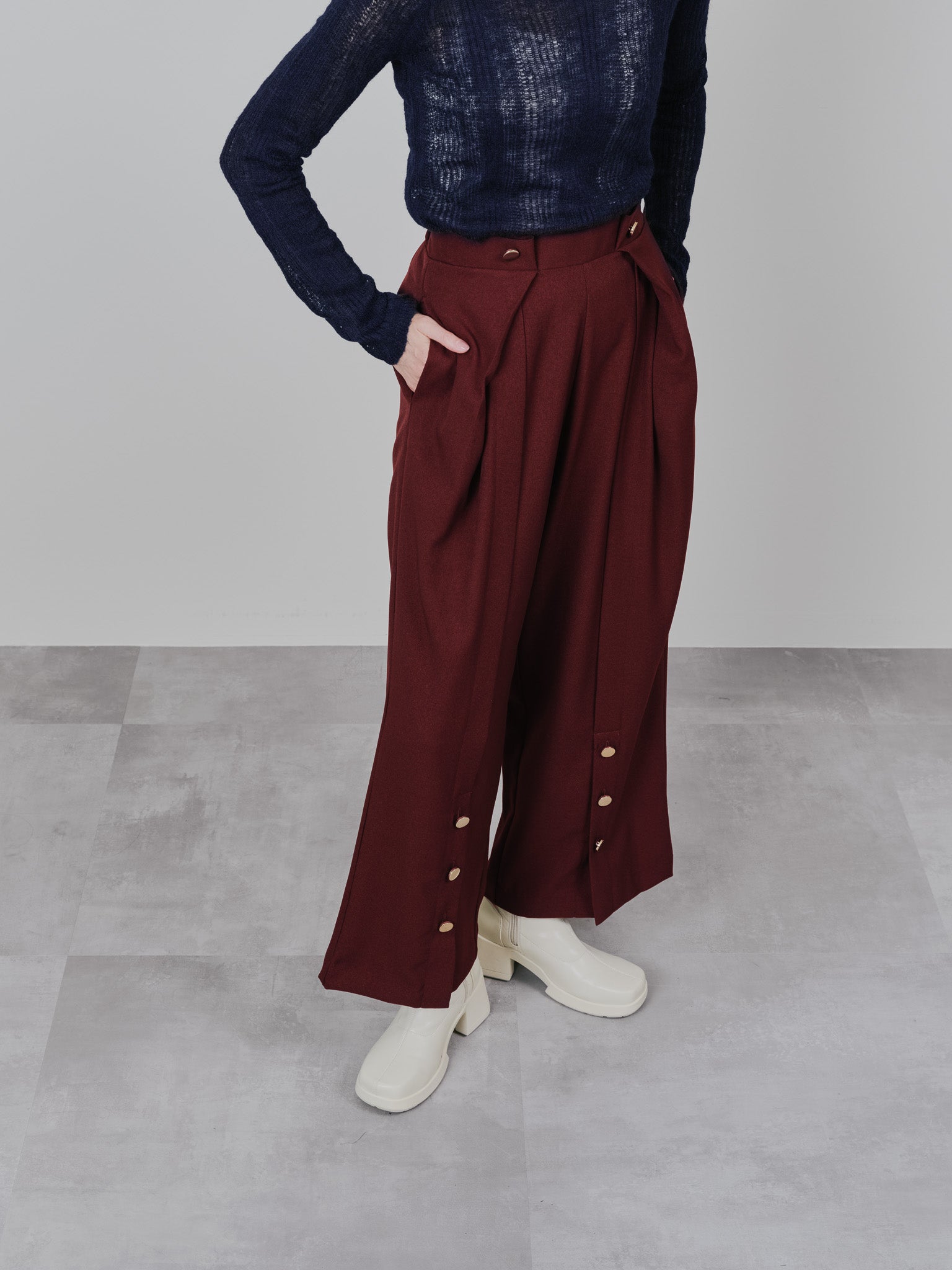 ウエストボタンタックワイドパンツ [608319] wine