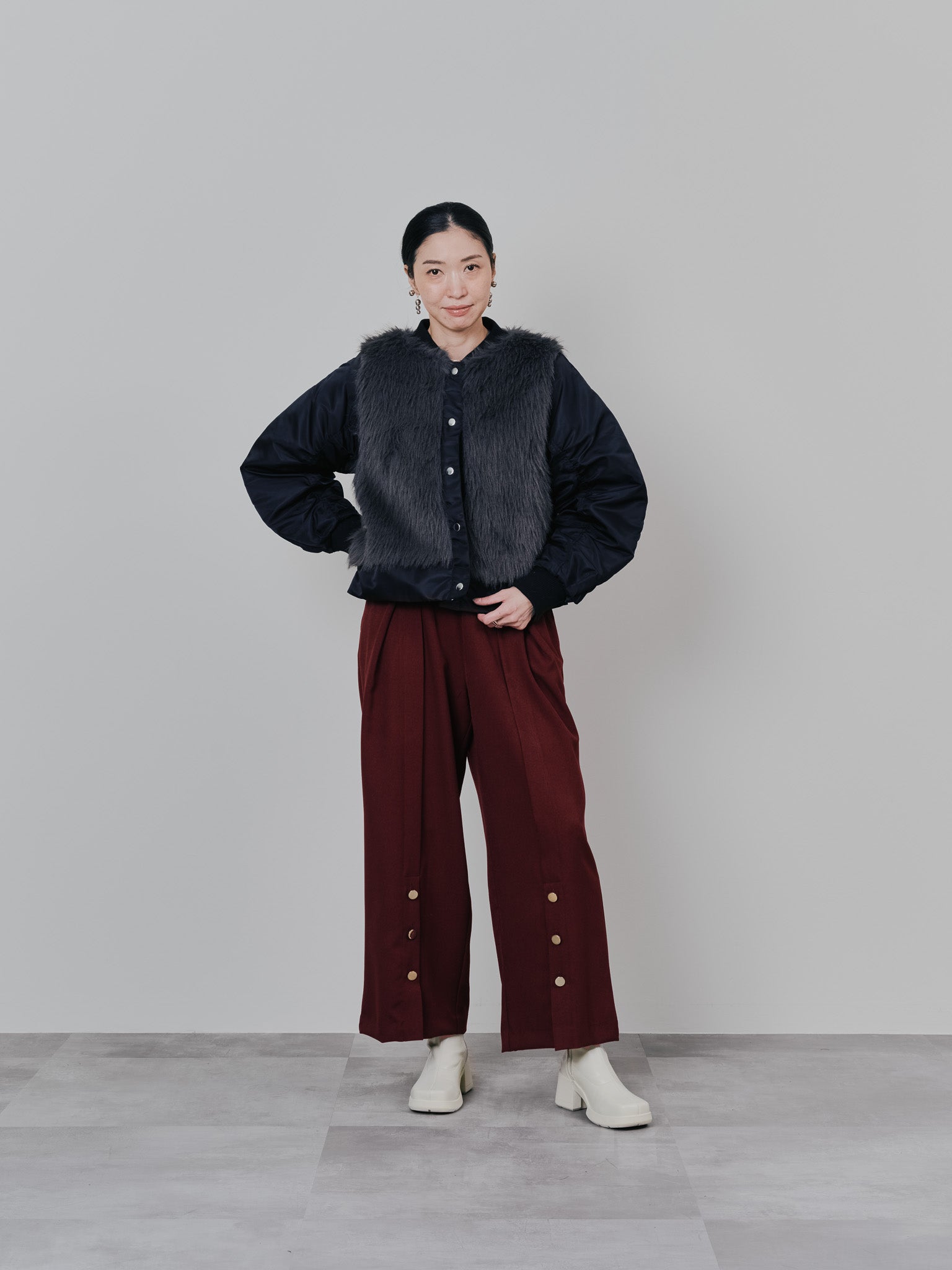 【-PRE SALE- 12/15 18:00まで!!】ダブル衿配色ファーベストレイヤードライク中綿ジャケット [605546] black