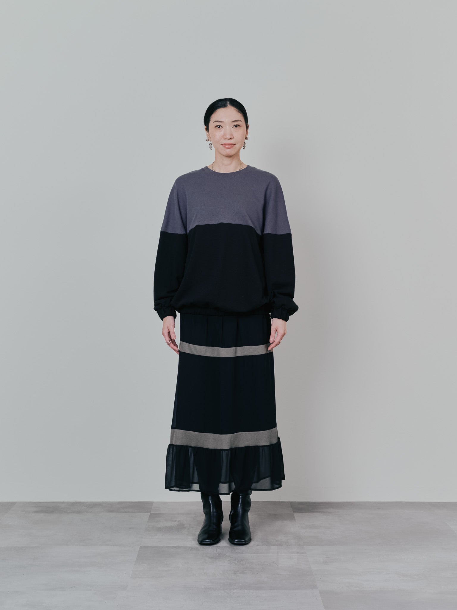 【SALE】配色スウェットギャザートップス [601449] black