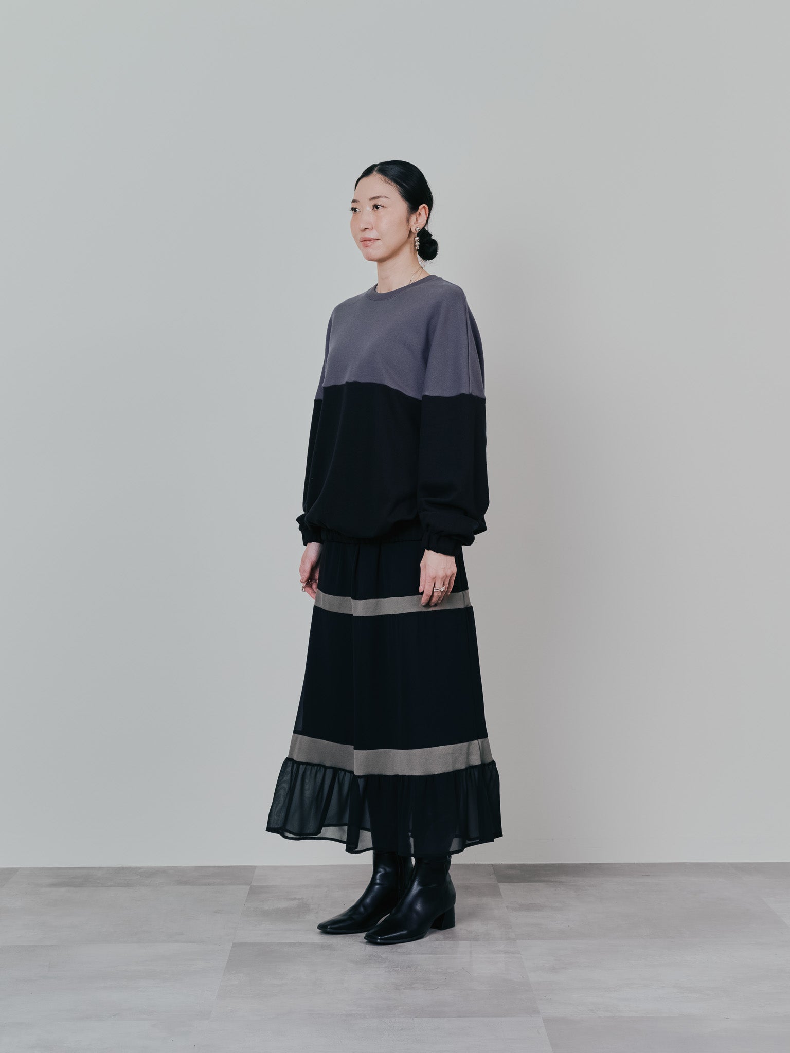 【SALE】配色スウェットギャザートップス [601449] black