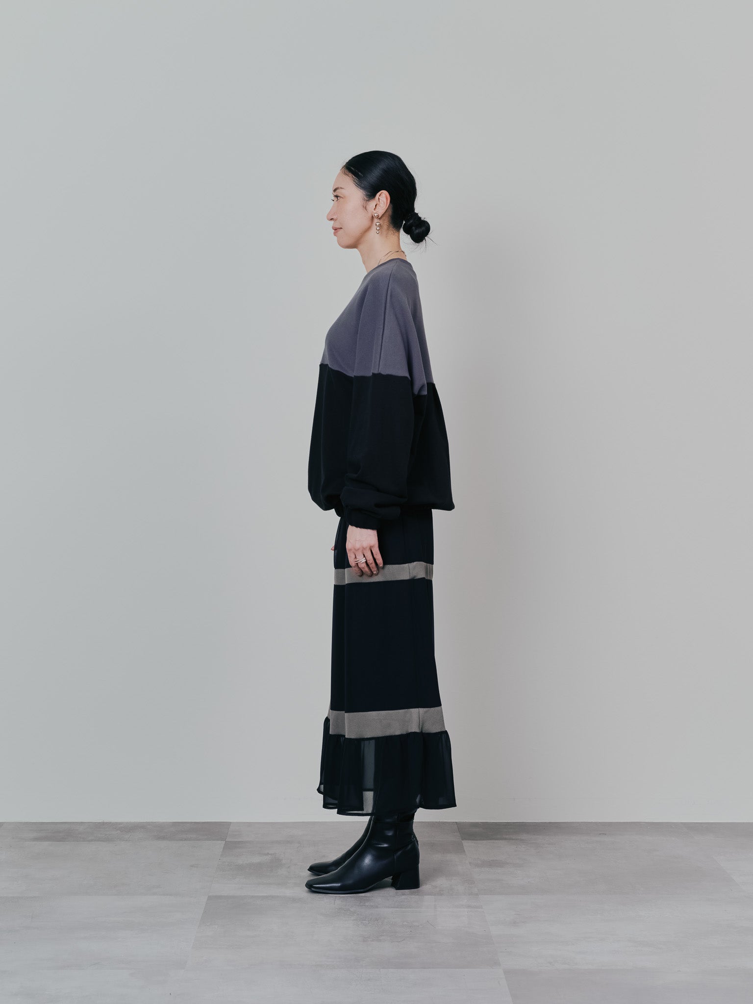 配色リブ切替シフォンスカート [601453] black