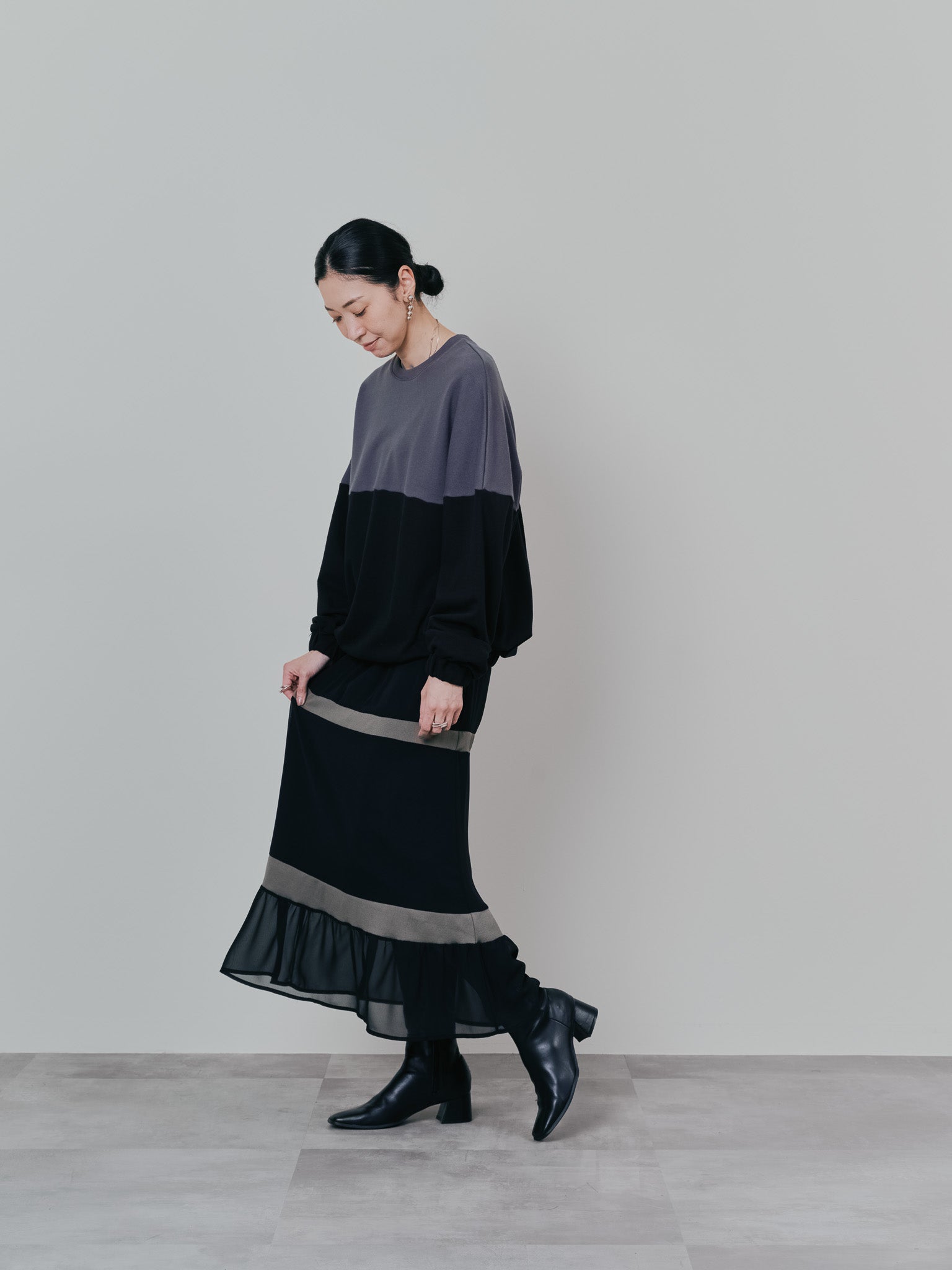 配色スウェットギャザートップス [601449] black