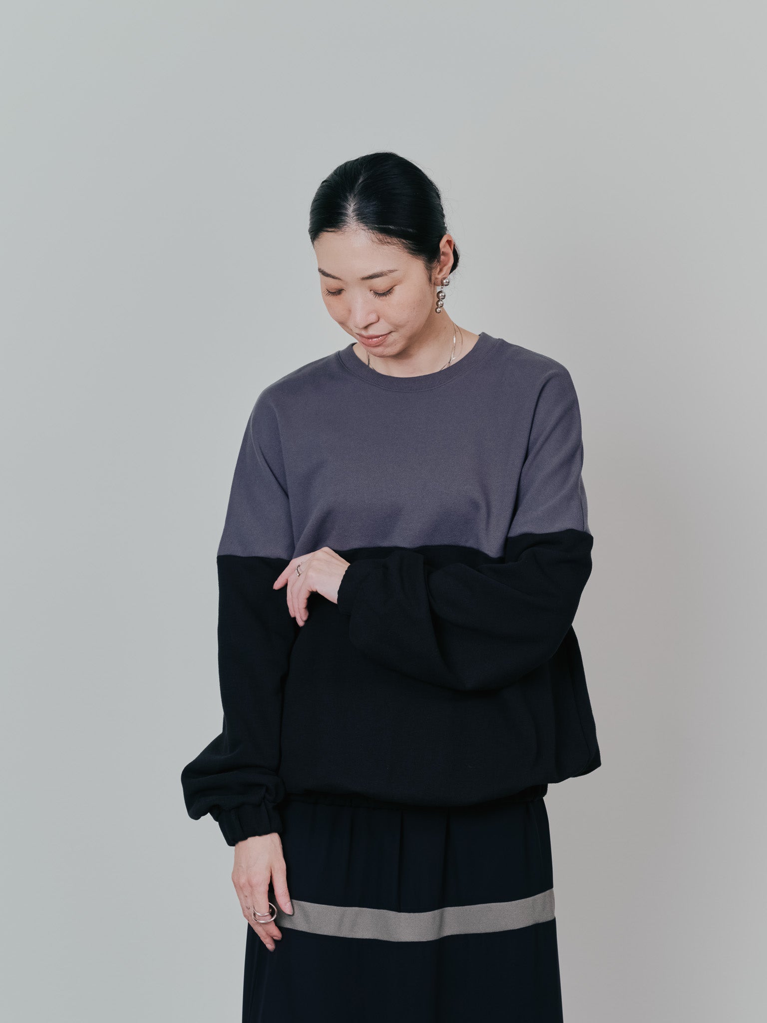 配色スウェットギャザートップス [601449] black