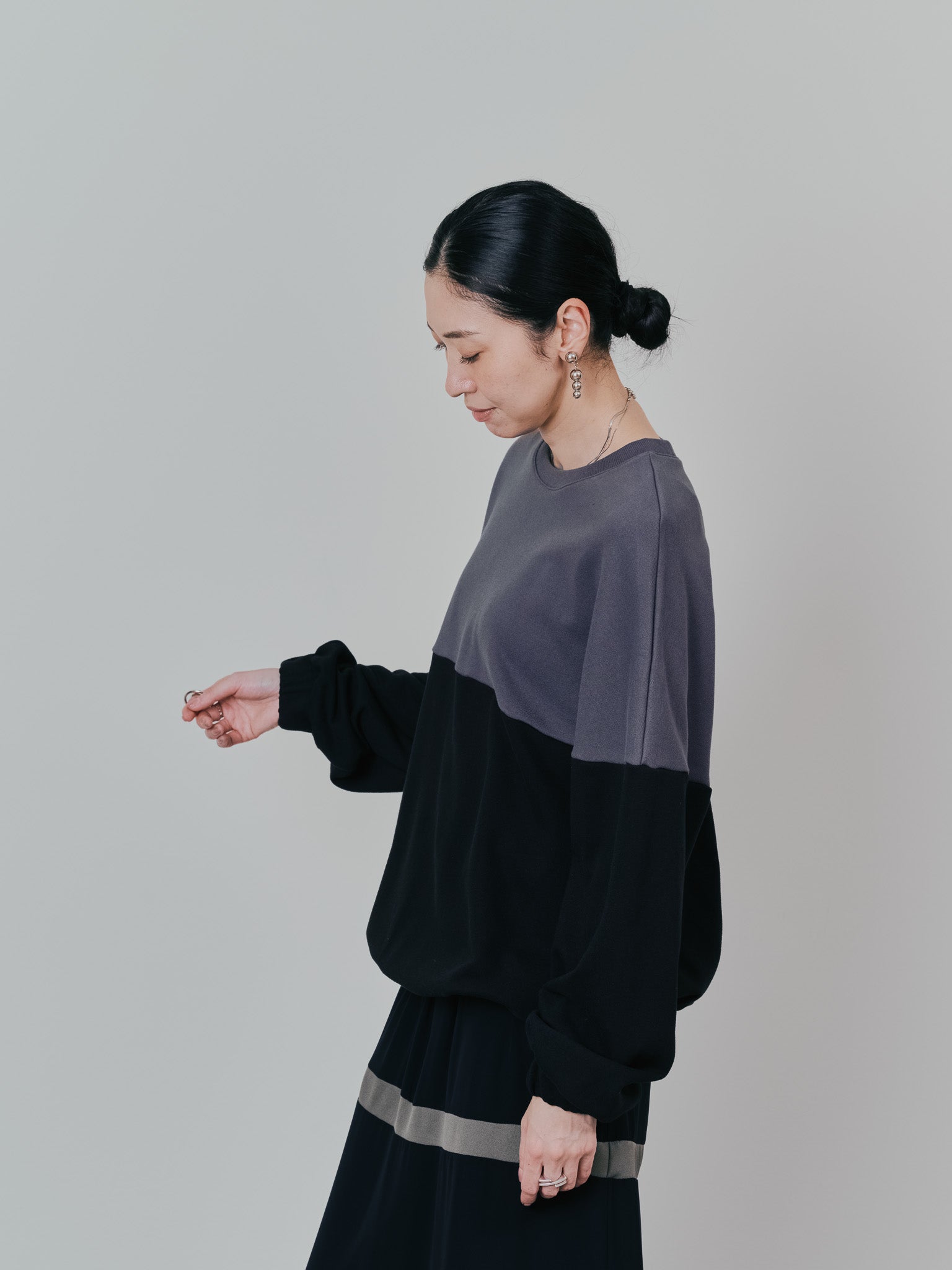 配色スウェットギャザートップス [601449] black