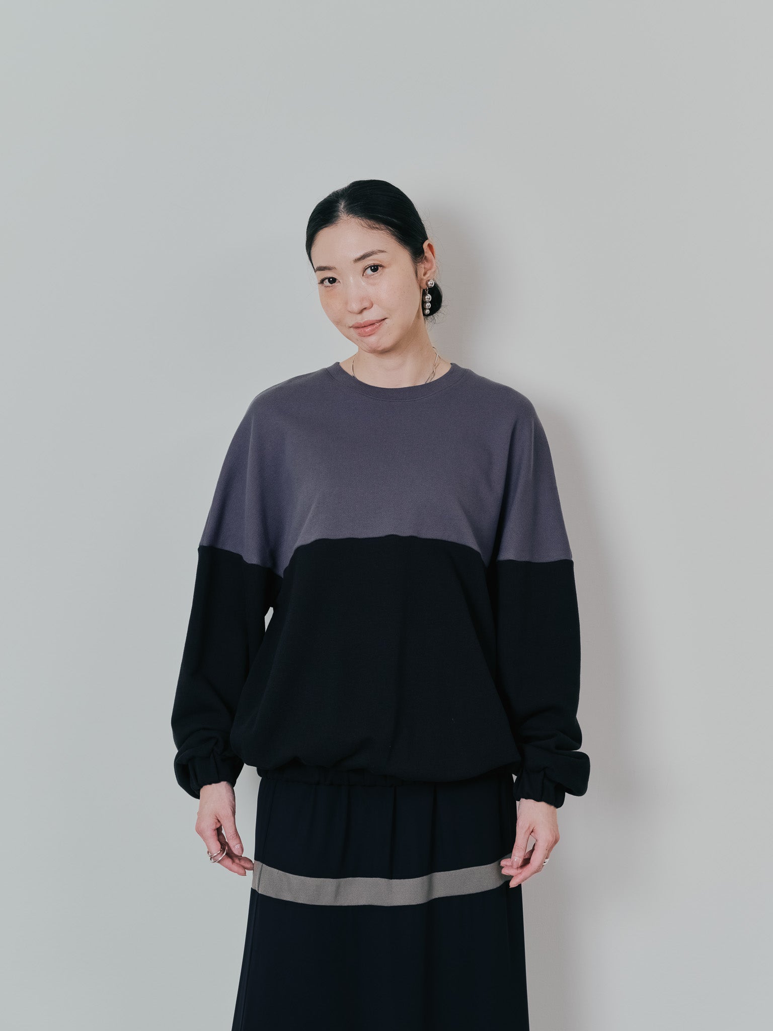 配色スウェットギャザートップス [601449] black