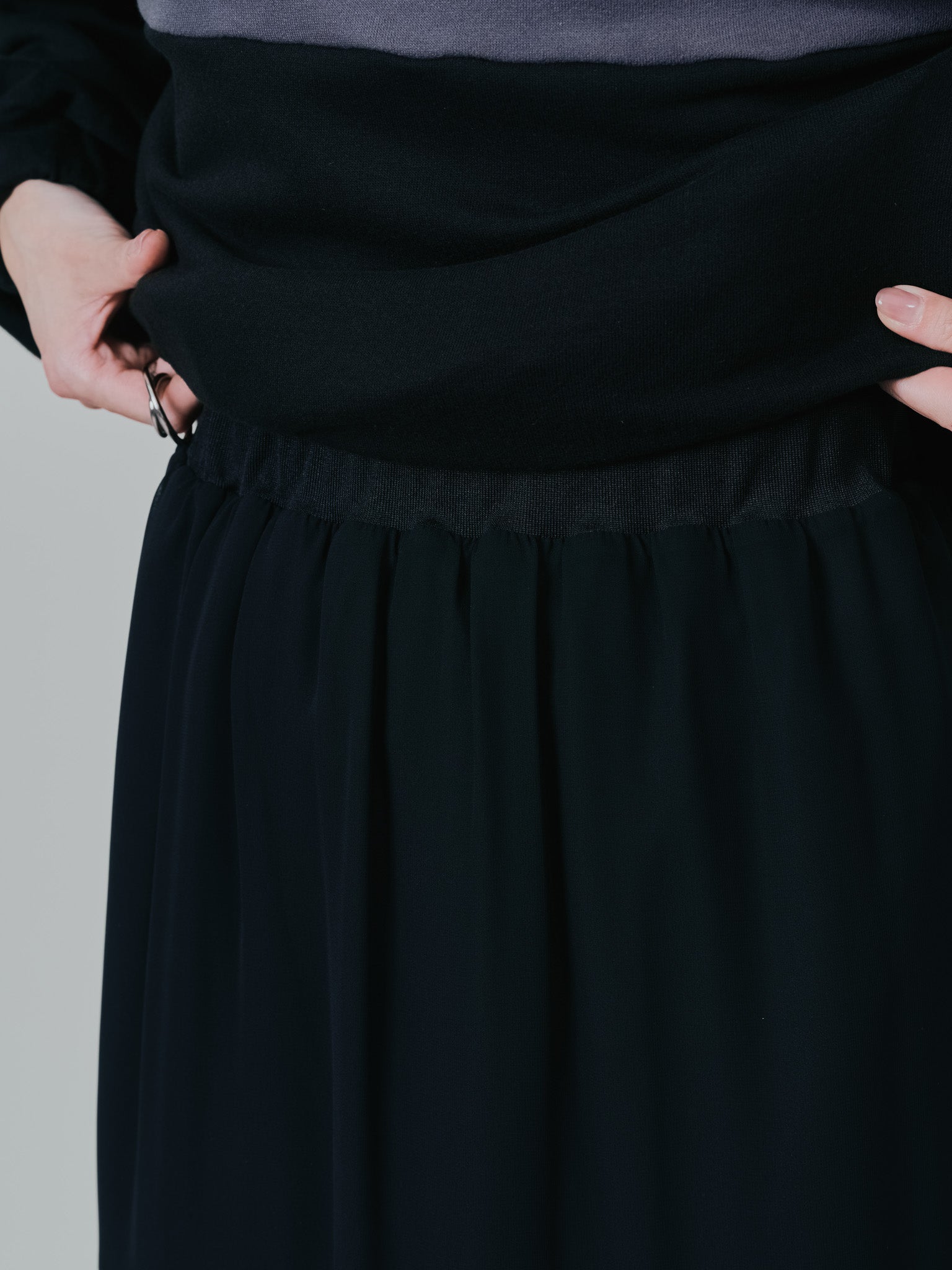 【SALE】配色リブ切替シフォンスカート [601453] black