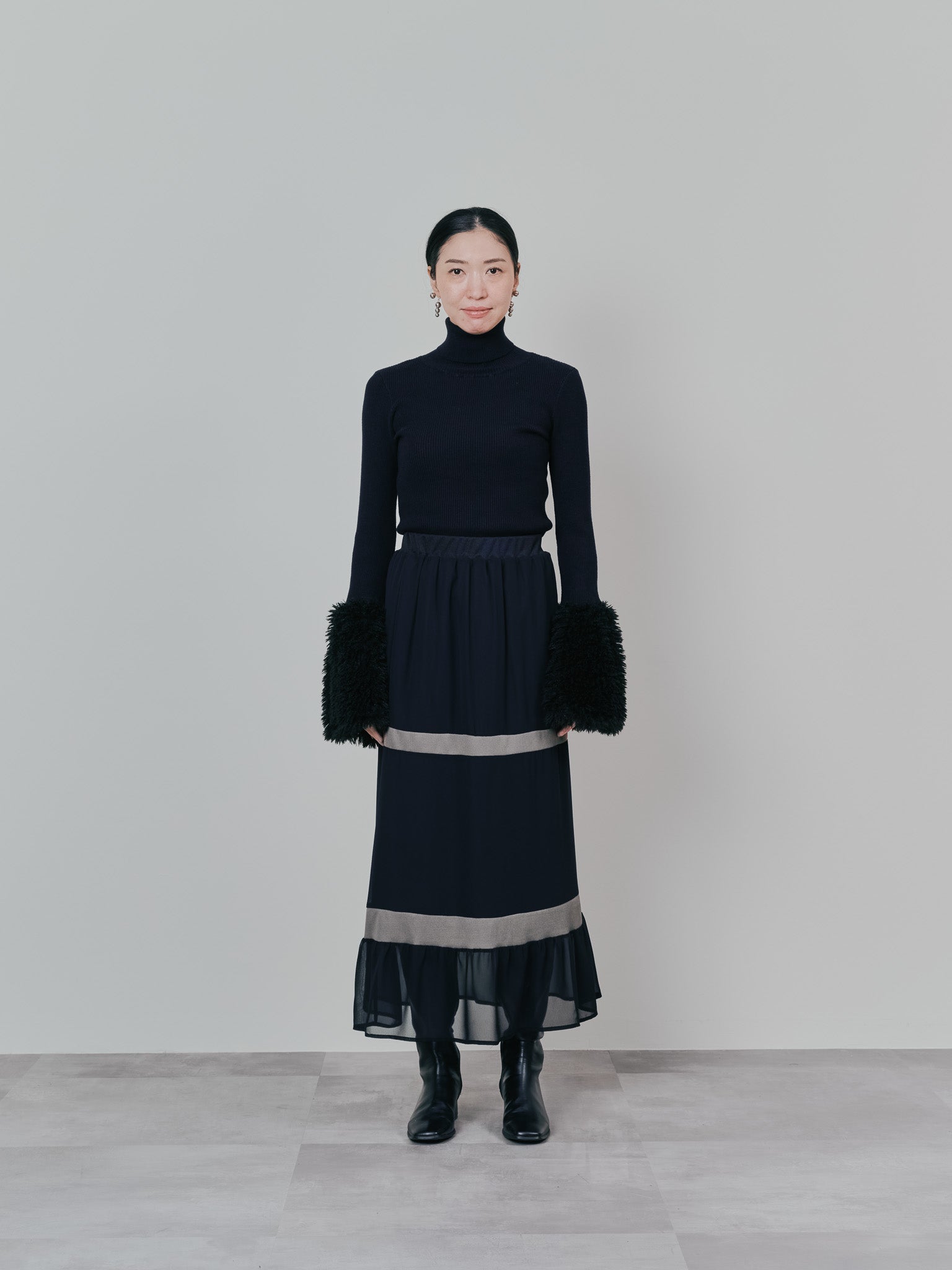 ファースリーブリブタートルニットトップス [605533] black