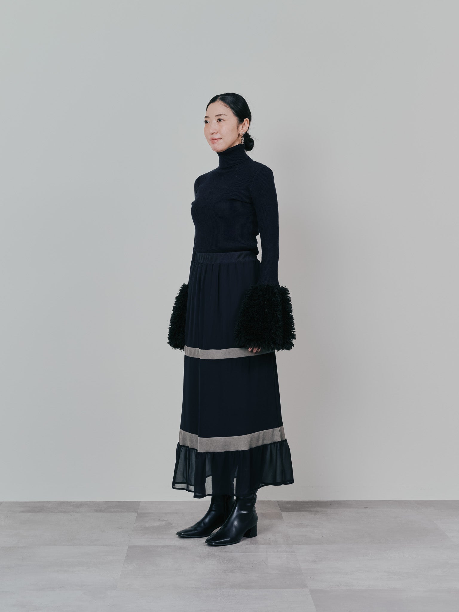 ファースリーブリブタートルニットトップス [605533] black