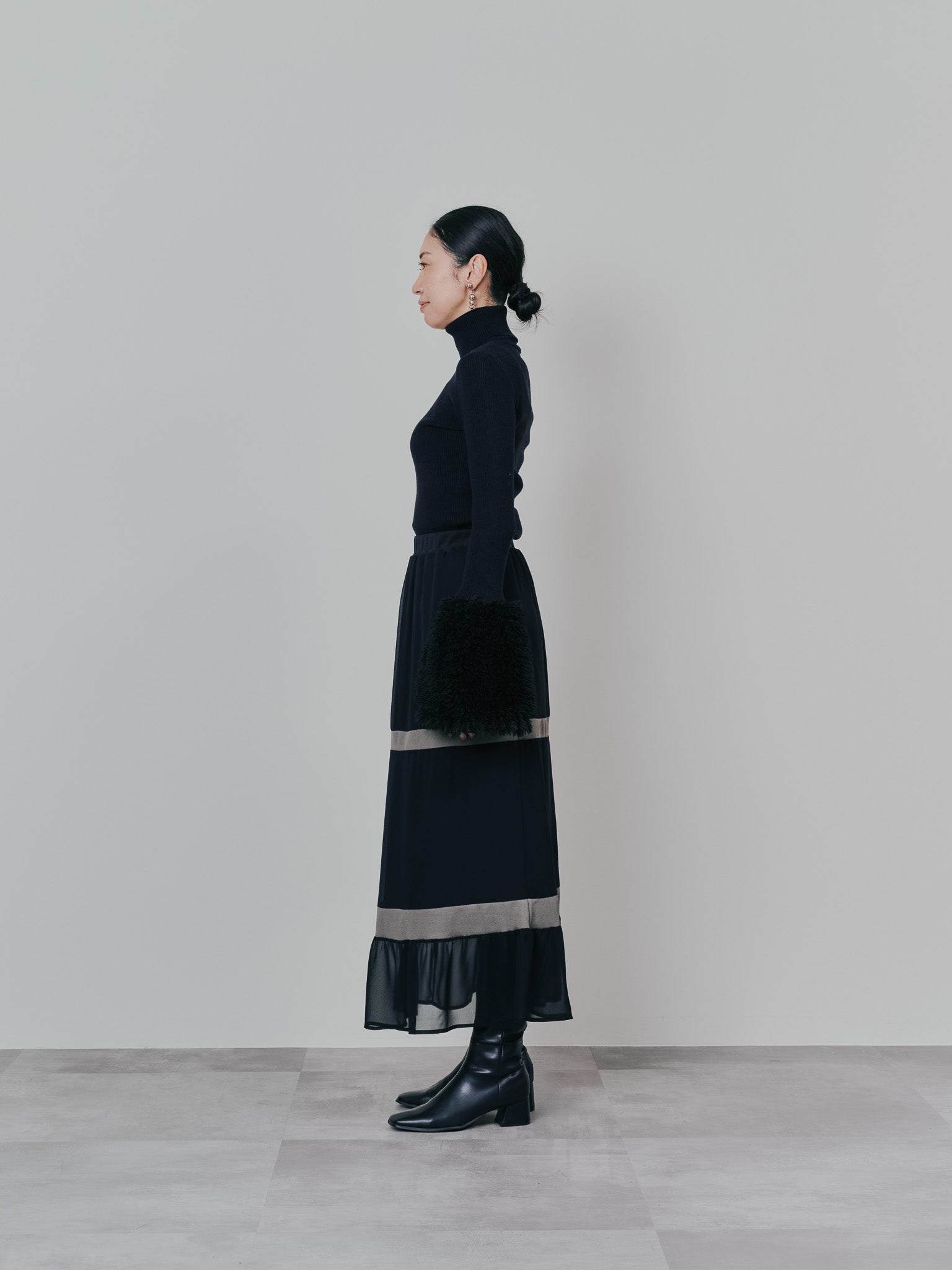 ファースリーブリブタートルニットトップス [605533] black