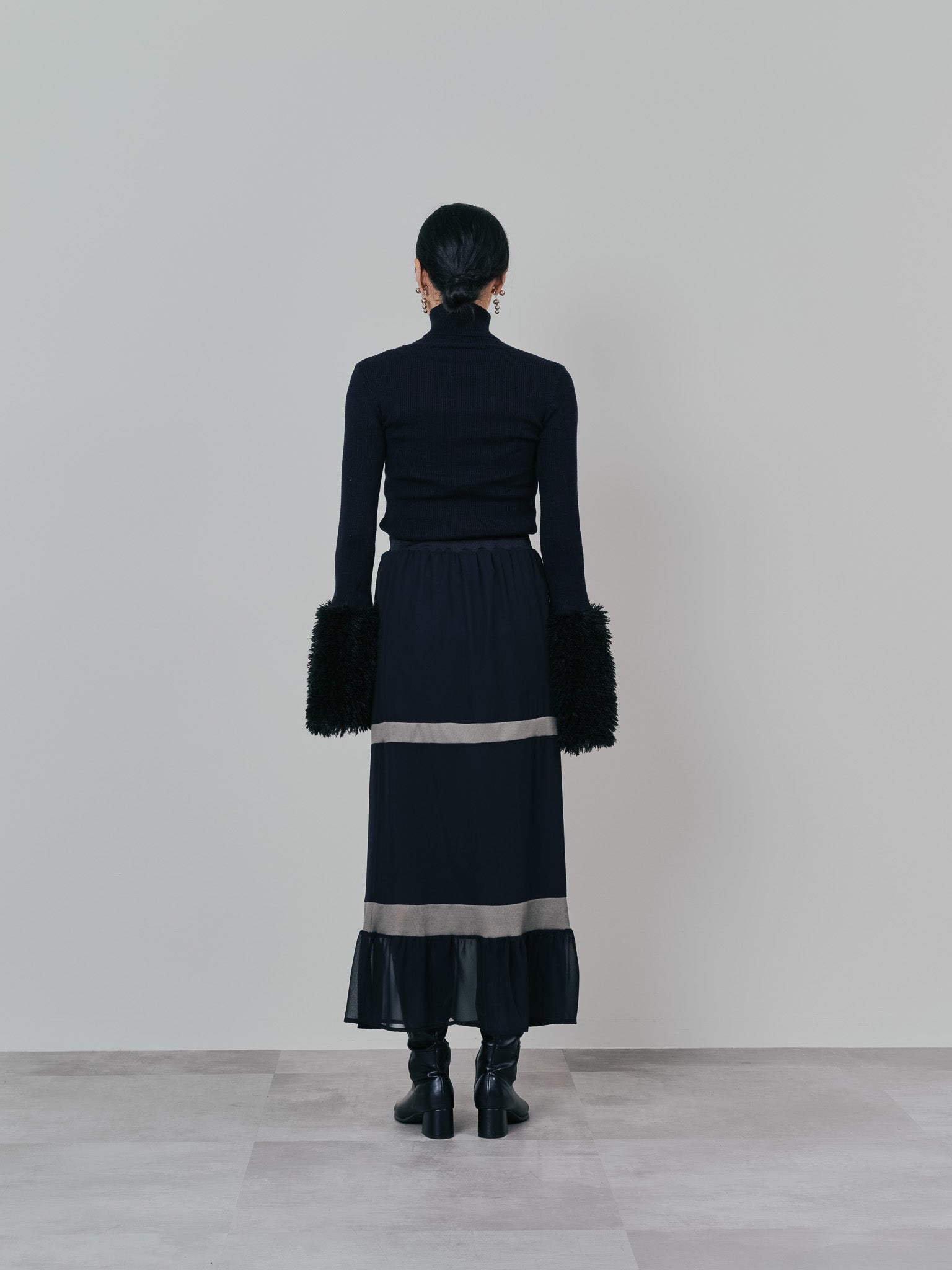 ファースリーブリブタートルニットトップス [605533] black