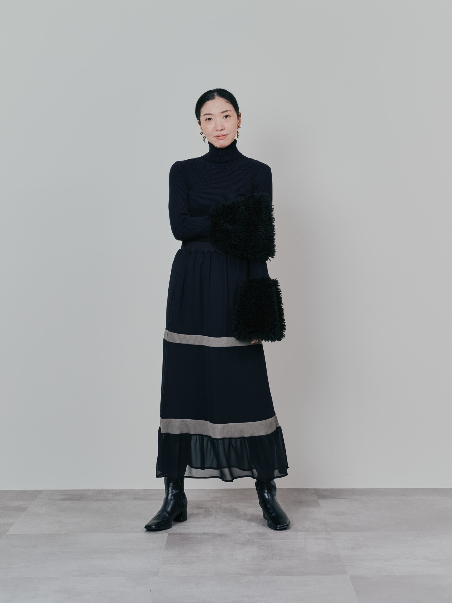 配色リブ切替シフォンスカート [601453] black