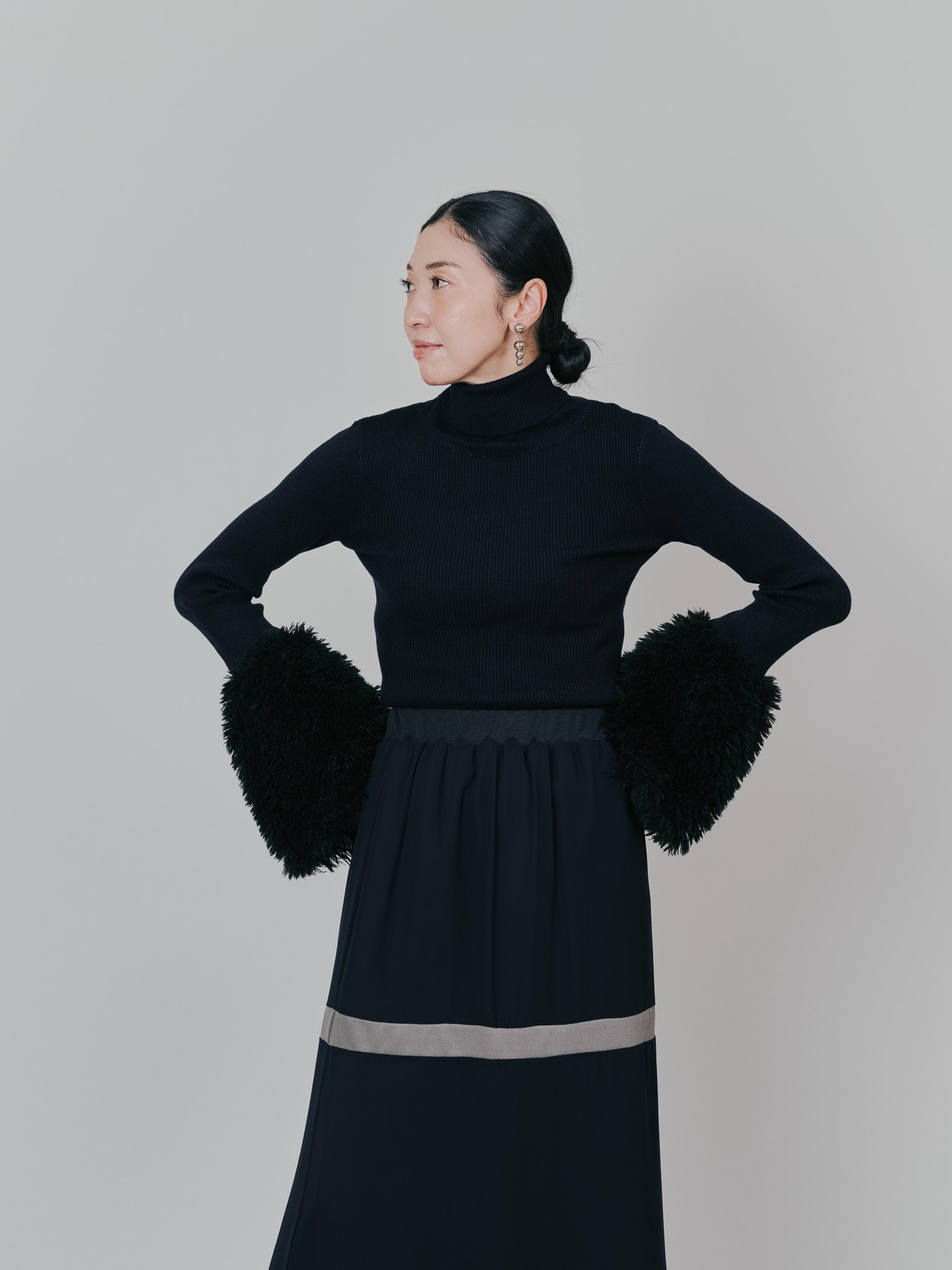 ファースリーブリブタートルニットトップス [605533] black