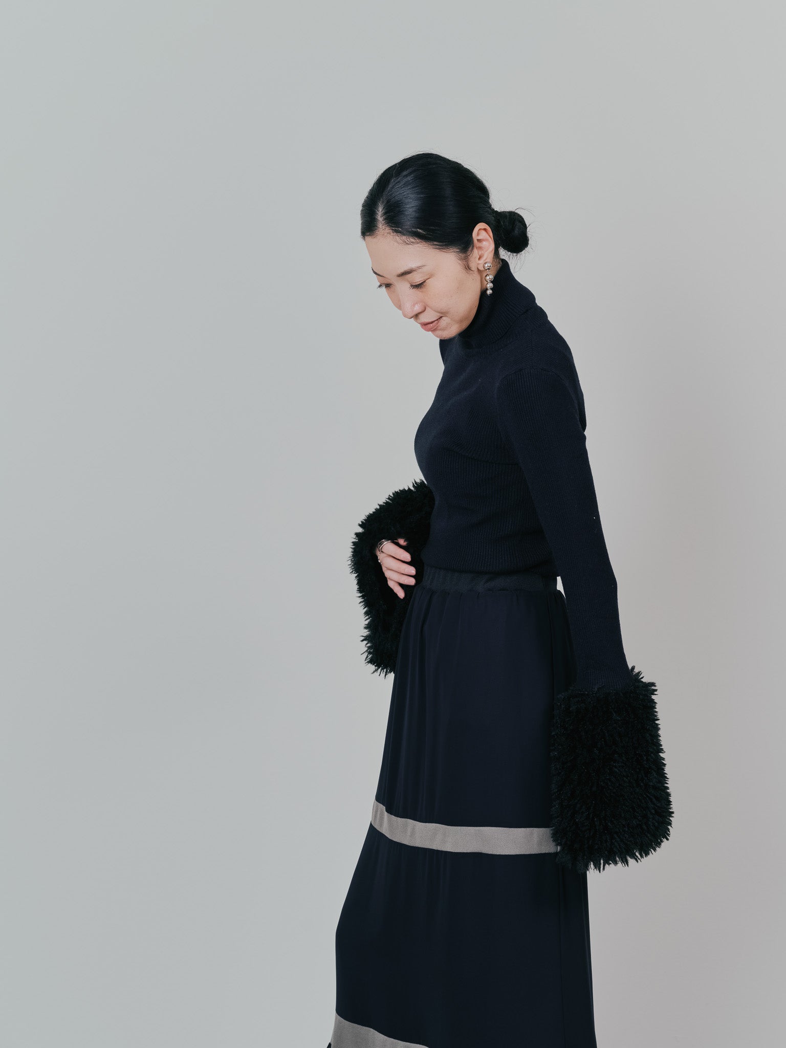 ファースリーブリブタートルニットトップス [605533] black