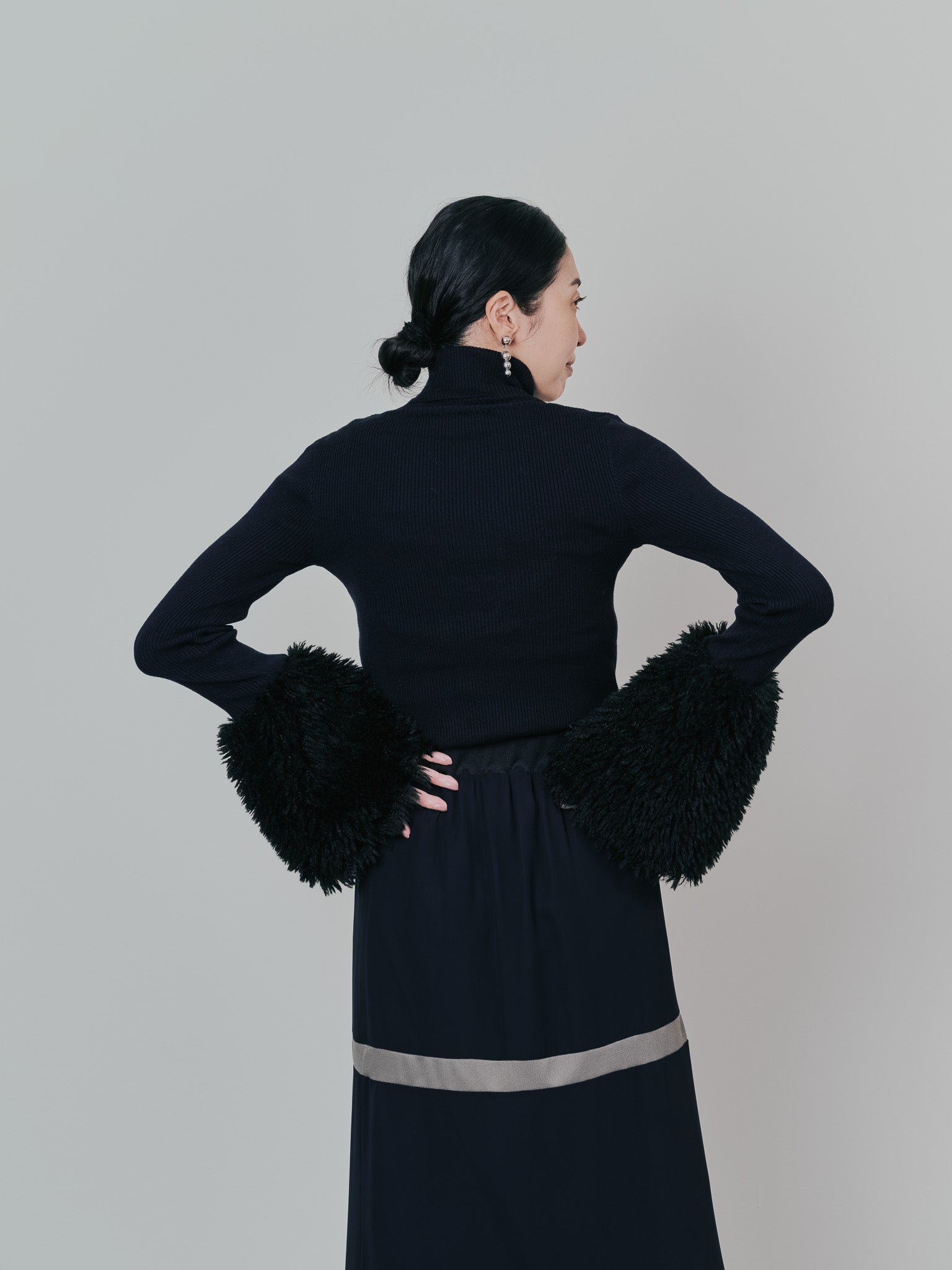 ファースリーブリブタートルニットトップス [605533] black