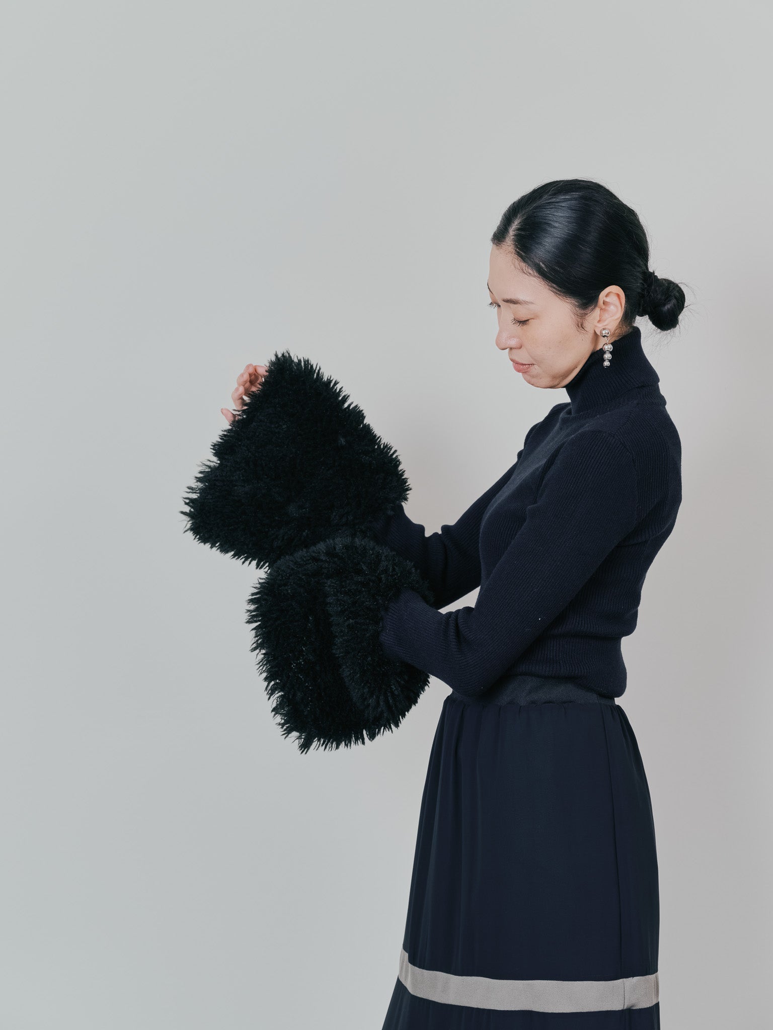 ファースリーブリブタートルニットトップス [605533] black