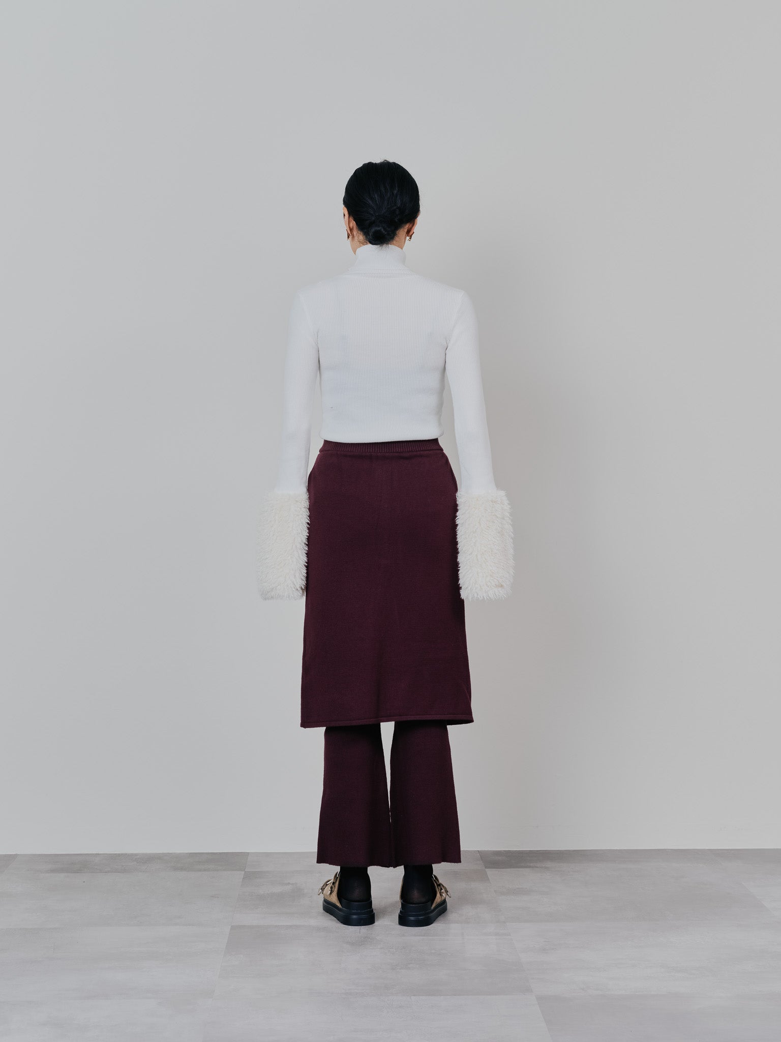 ファースリーブリブタートルニットトップス [605533] off