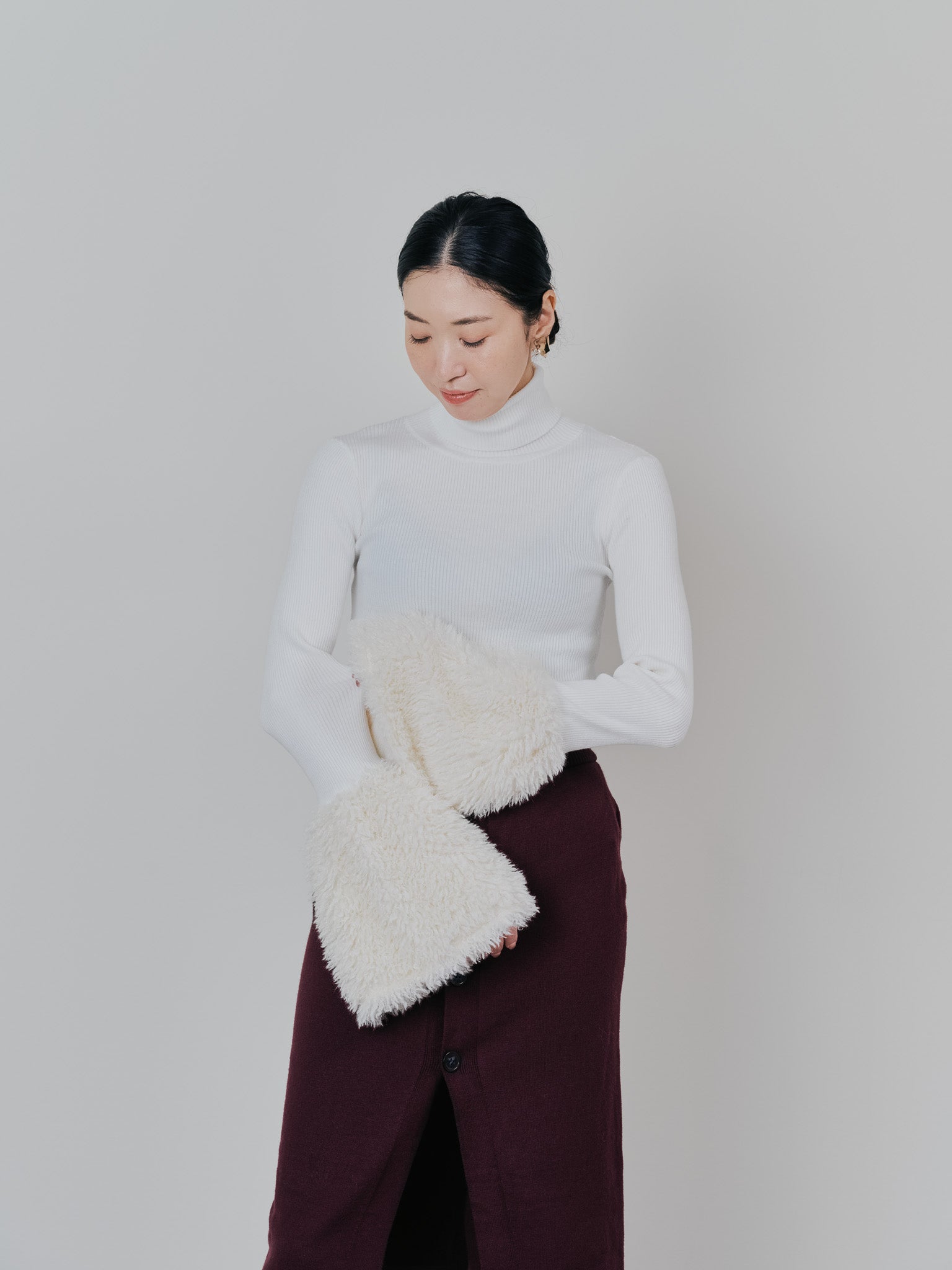 ファースリーブリブタートルニットトップス [605533] off