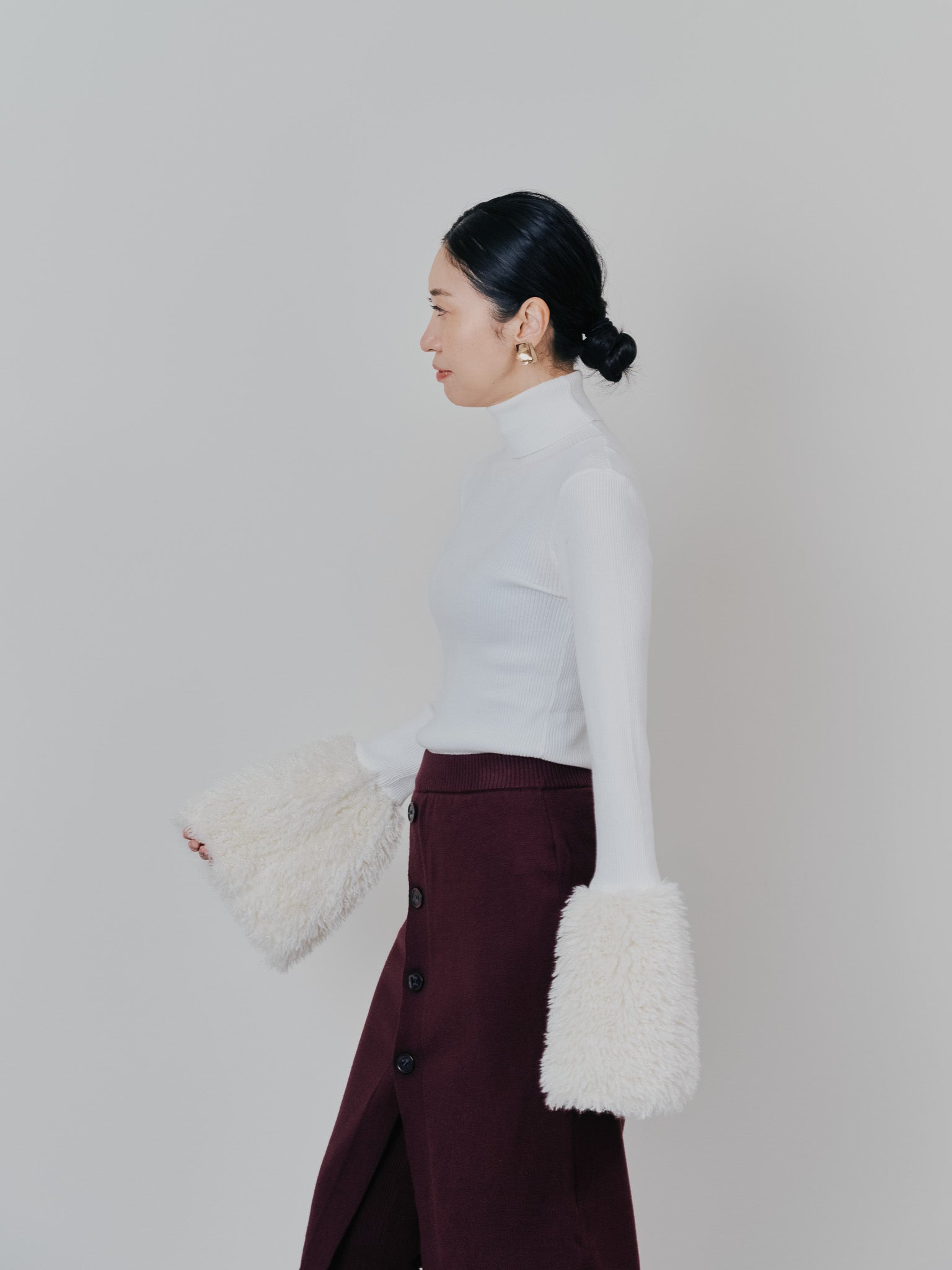 ファースリーブリブタートルニットトップス [605533] off