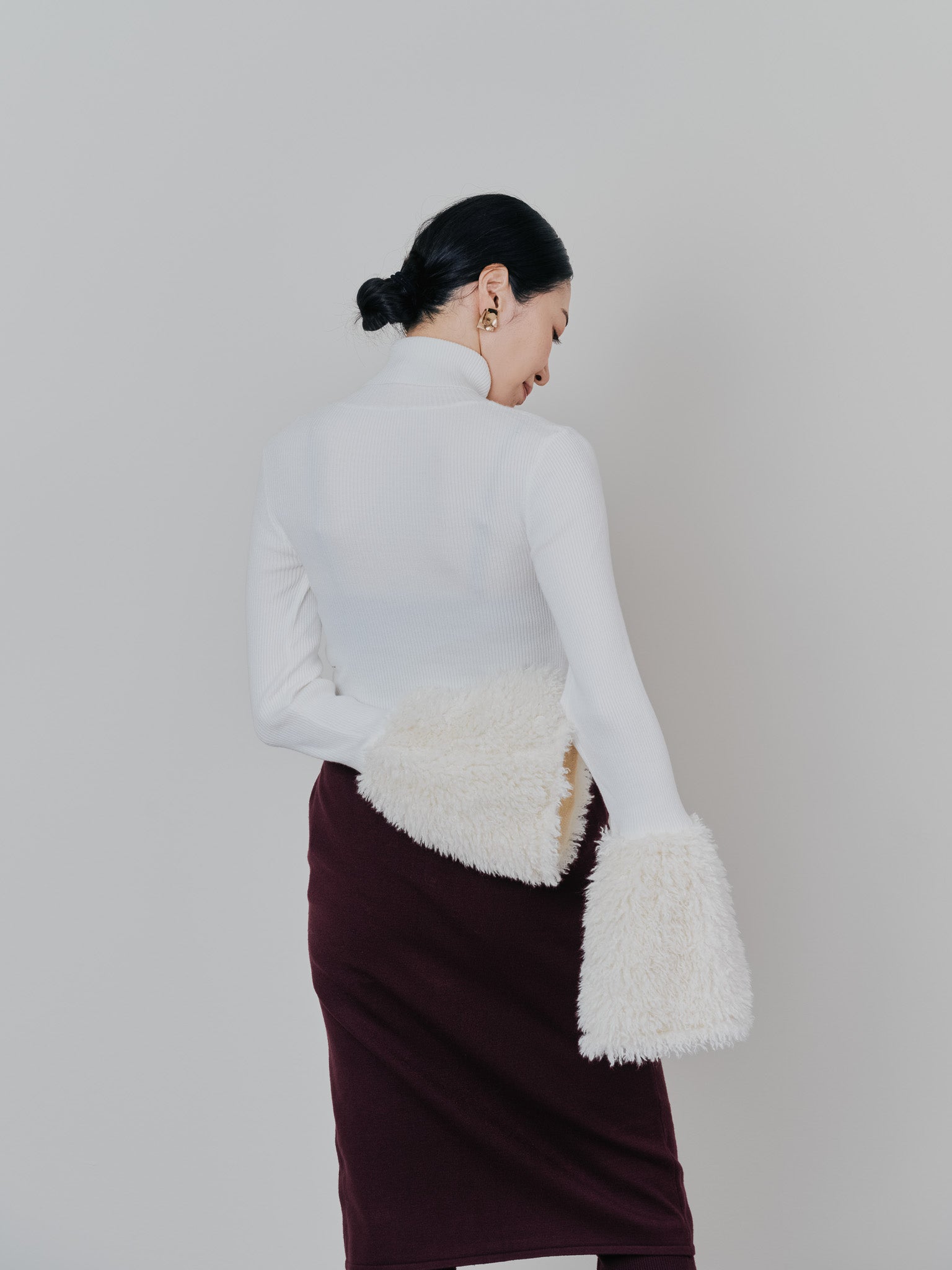 ファースリーブリブタートルニットトップス [605533] off