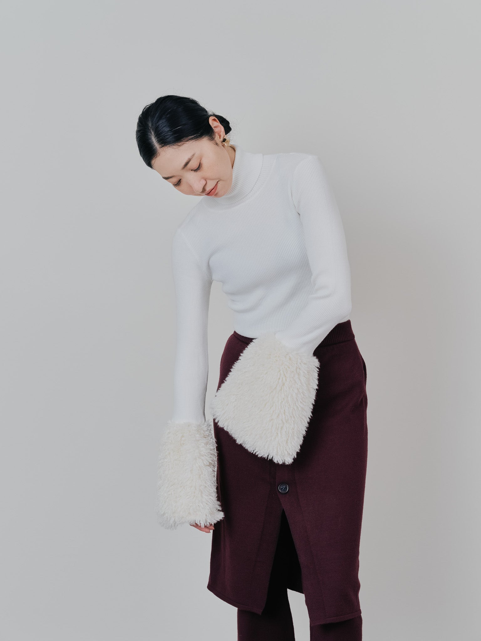 ファースリーブリブタートルニットトップス [605533] off