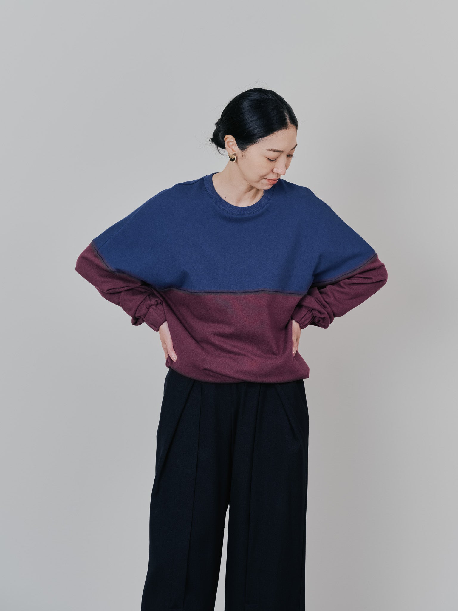配色スウェットギャザートップス [601449] wine