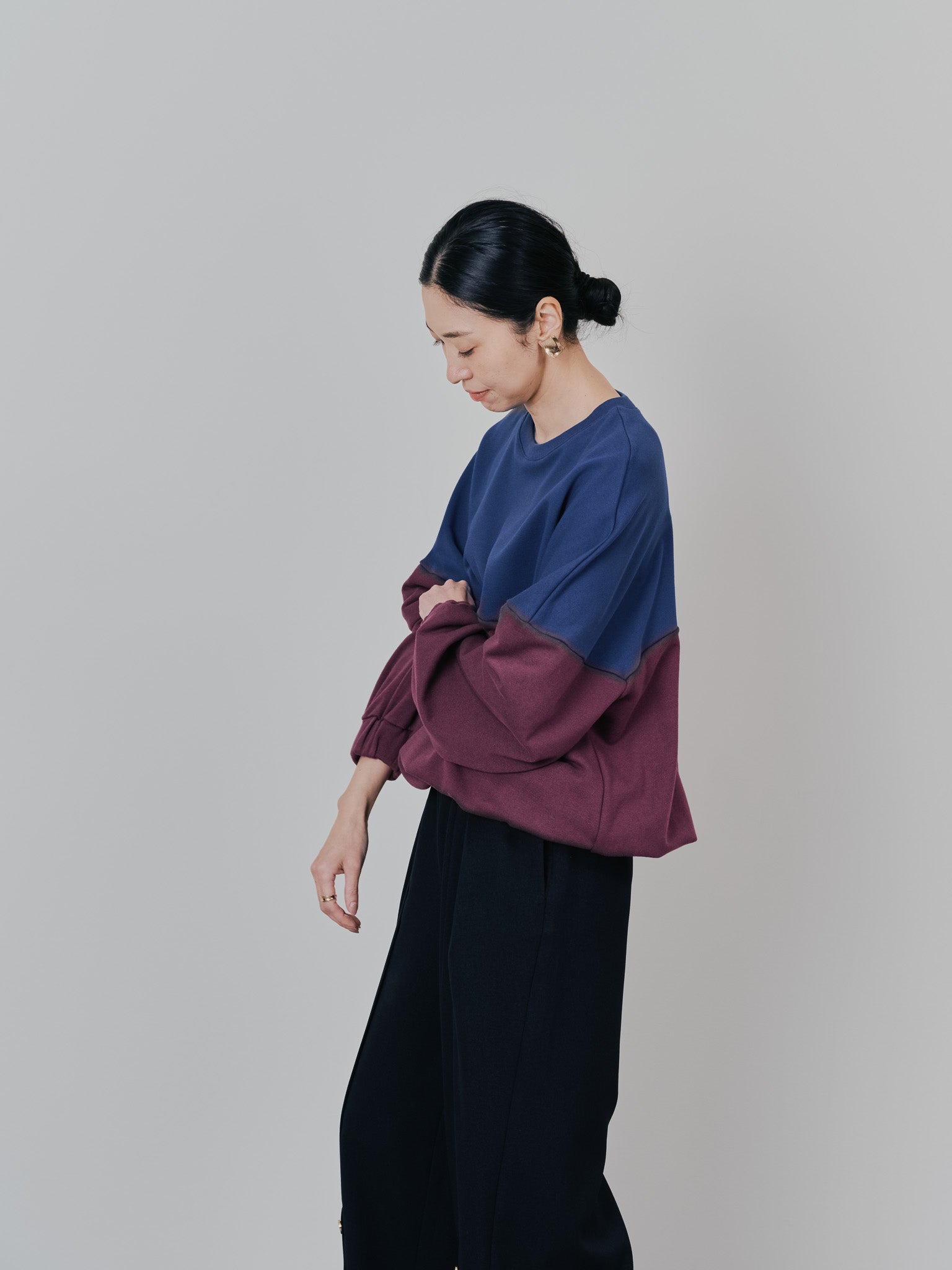 配色スウェットギャザートップス [601449] wine