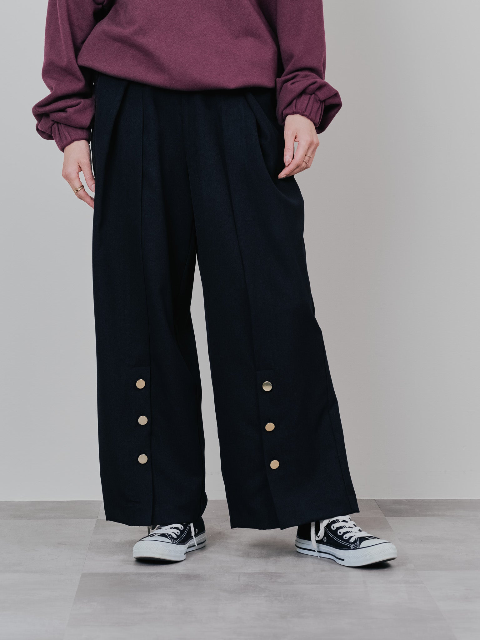 ウエストボタンタックワイドパンツ [608319] black