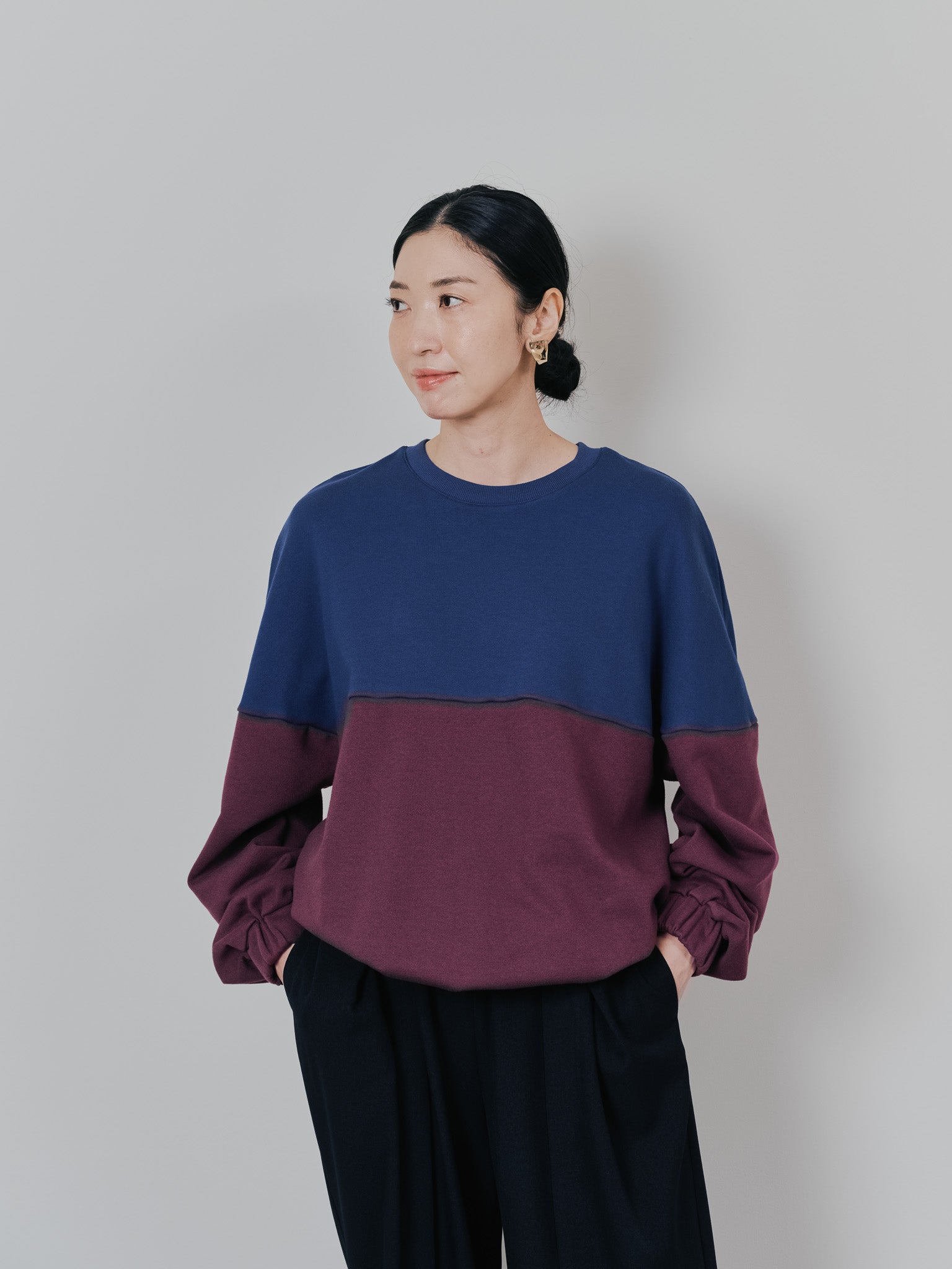 配色スウェットギャザートップス [601449] wine