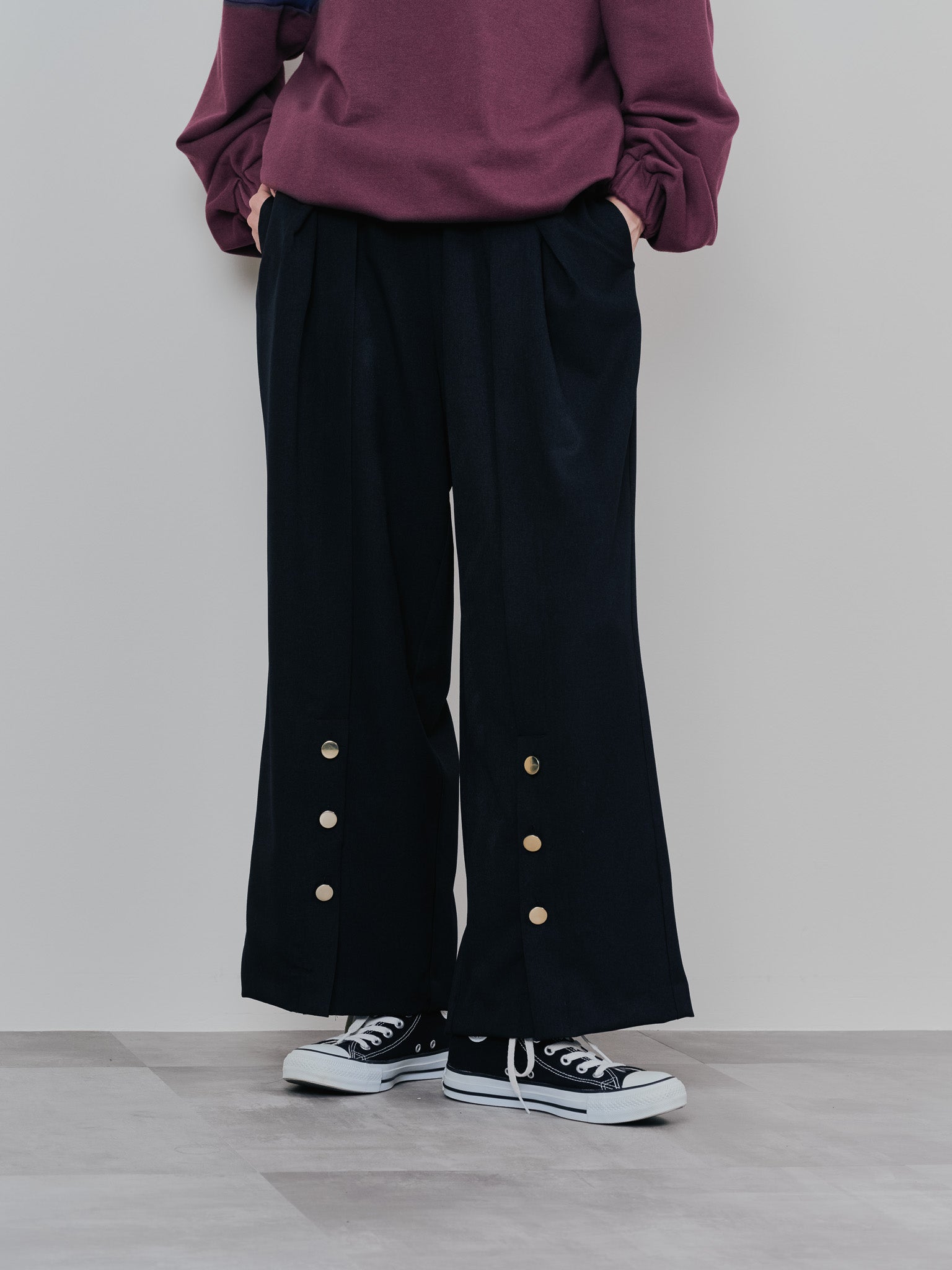 ウエストボタンタックワイドパンツ [608319] black