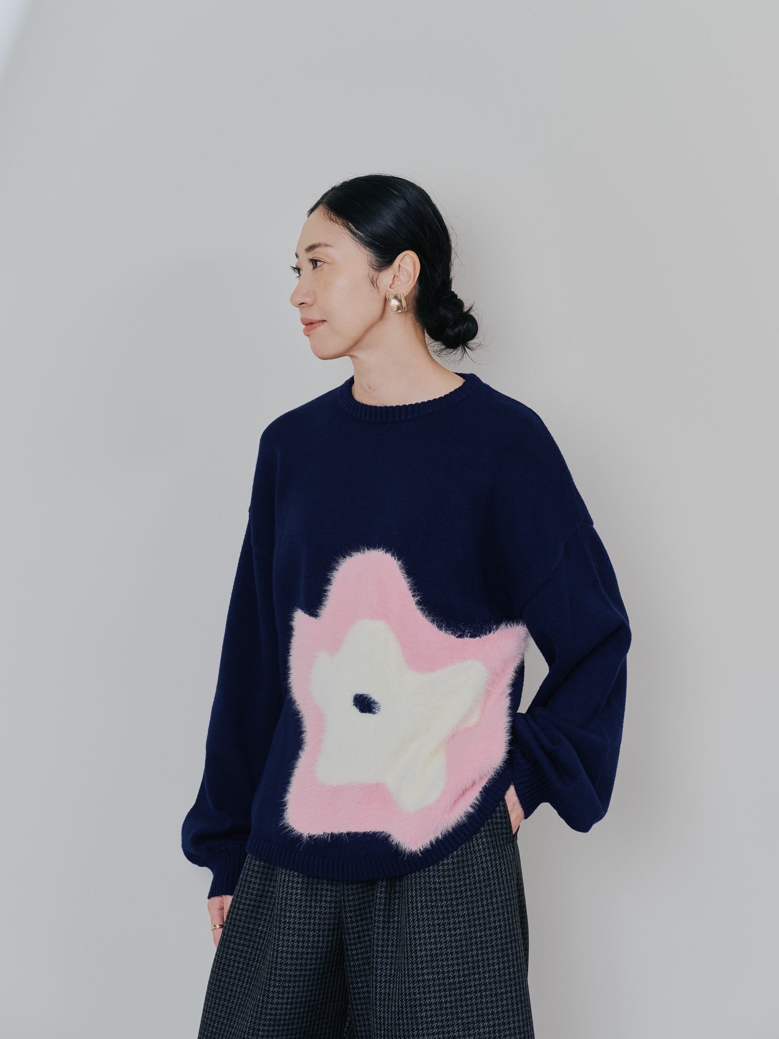 フラワーモチーフニットトップス [601408] navy