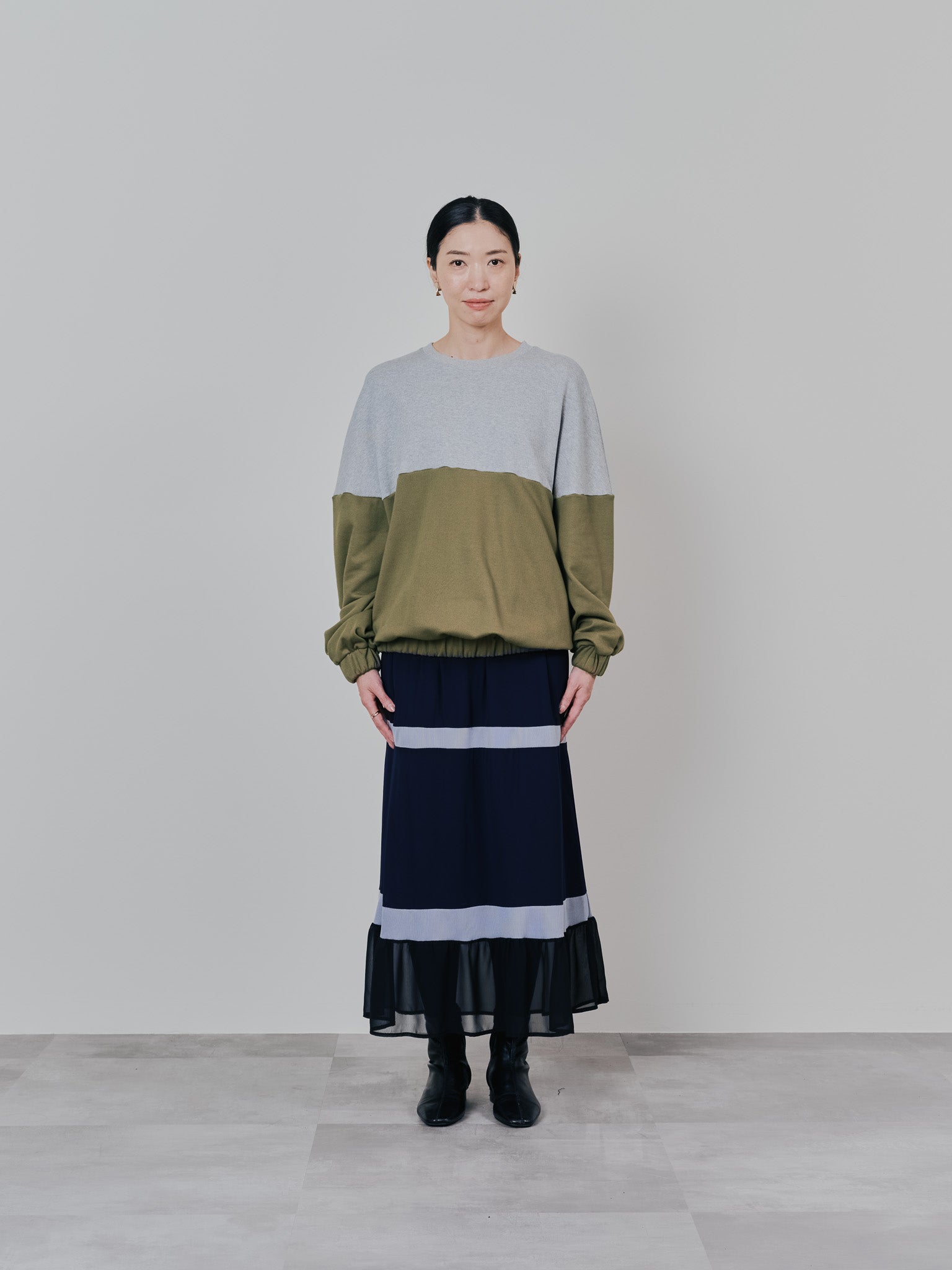 配色リブ切替シフォンスカート [601453] dark navy