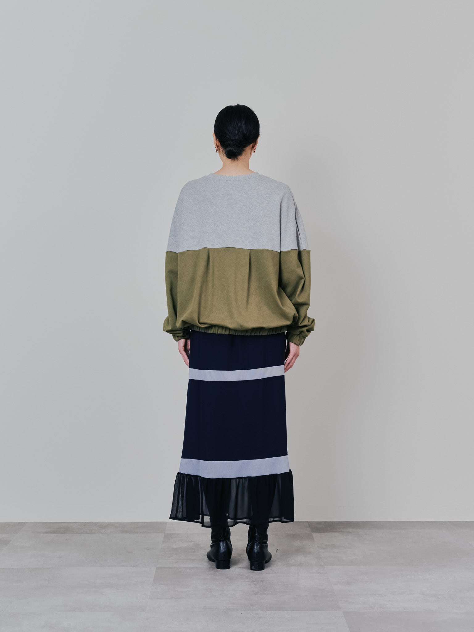 配色リブ切替シフォンスカート [601453] dark navy