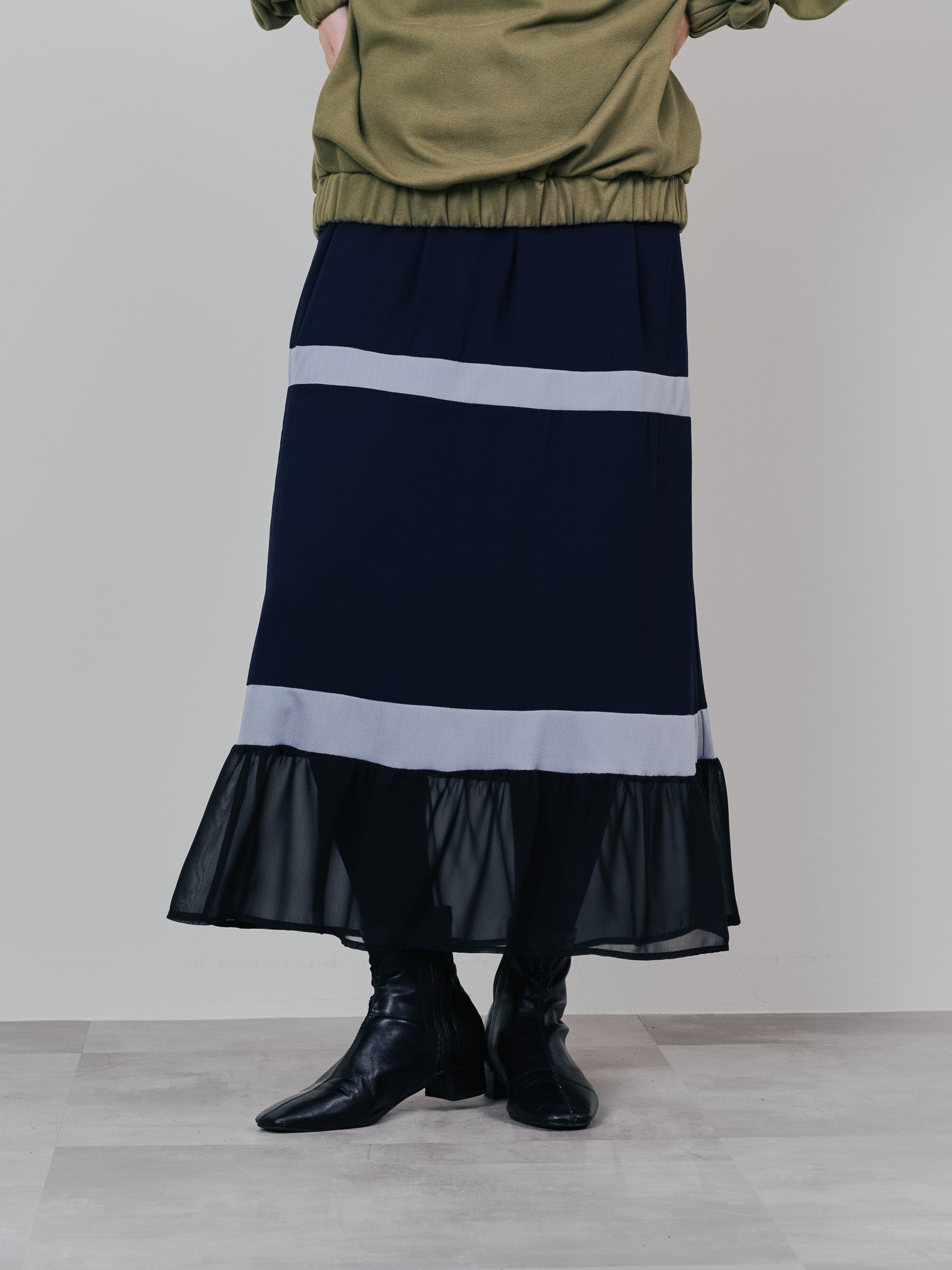 配色リブ切替シフォンスカート [601453] dark navy