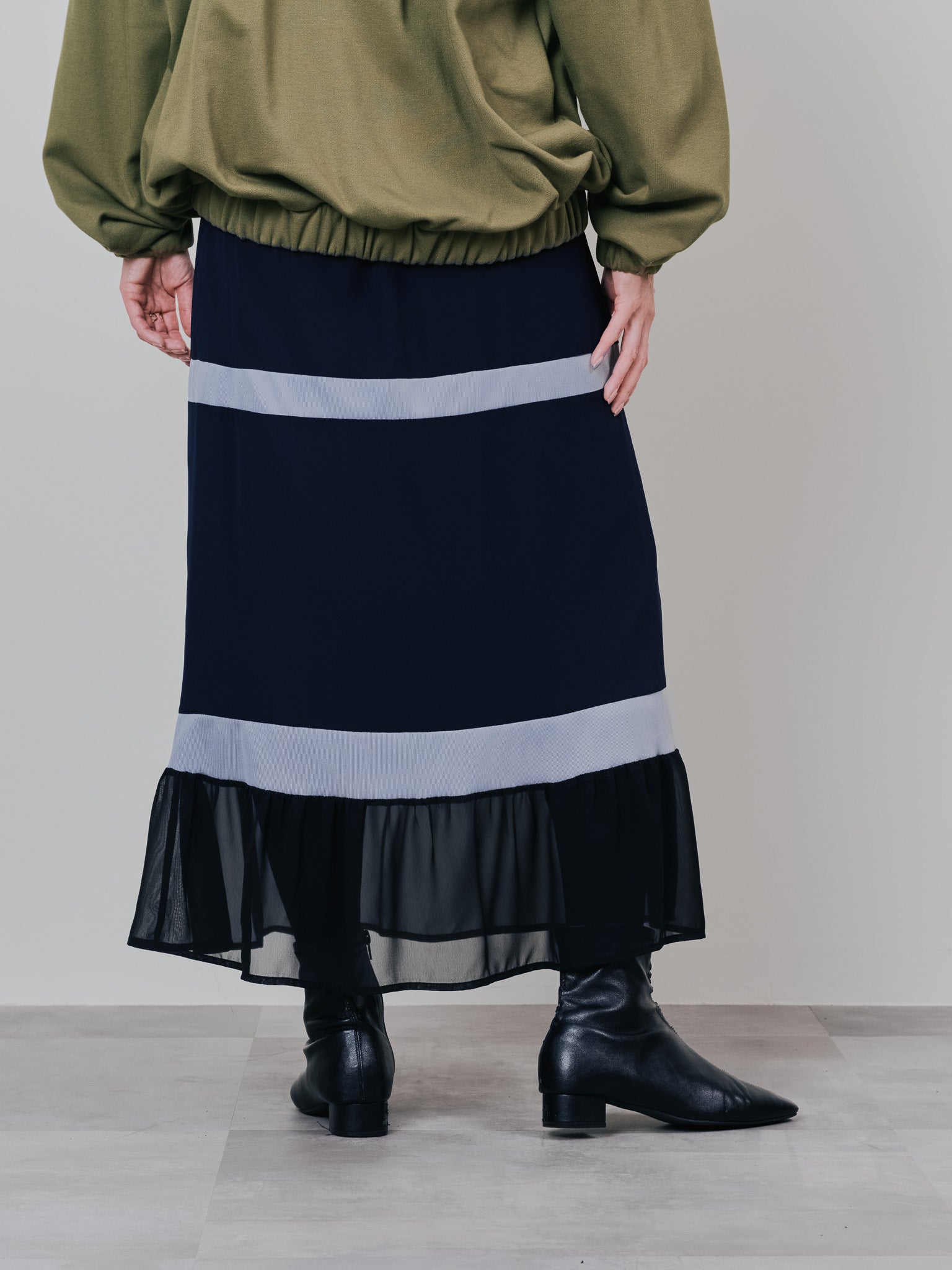 配色リブ切替シフォンスカート [601453] dark navy