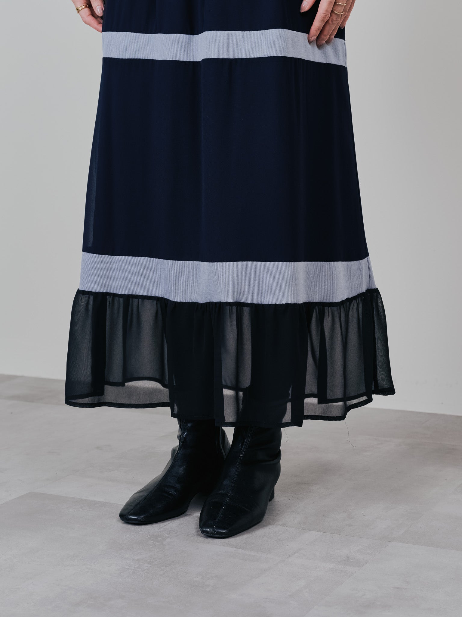配色リブ切替シフォンスカート [601453] dark navy